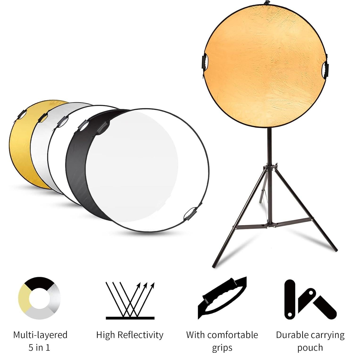 Selens Handle Round Reflector Stand Kit for Photography, 32" 5-in-1 Collapsible Lighting With 6.5ft Light Stand, Carry Bag and Clamp for Portrait Studio Shoot