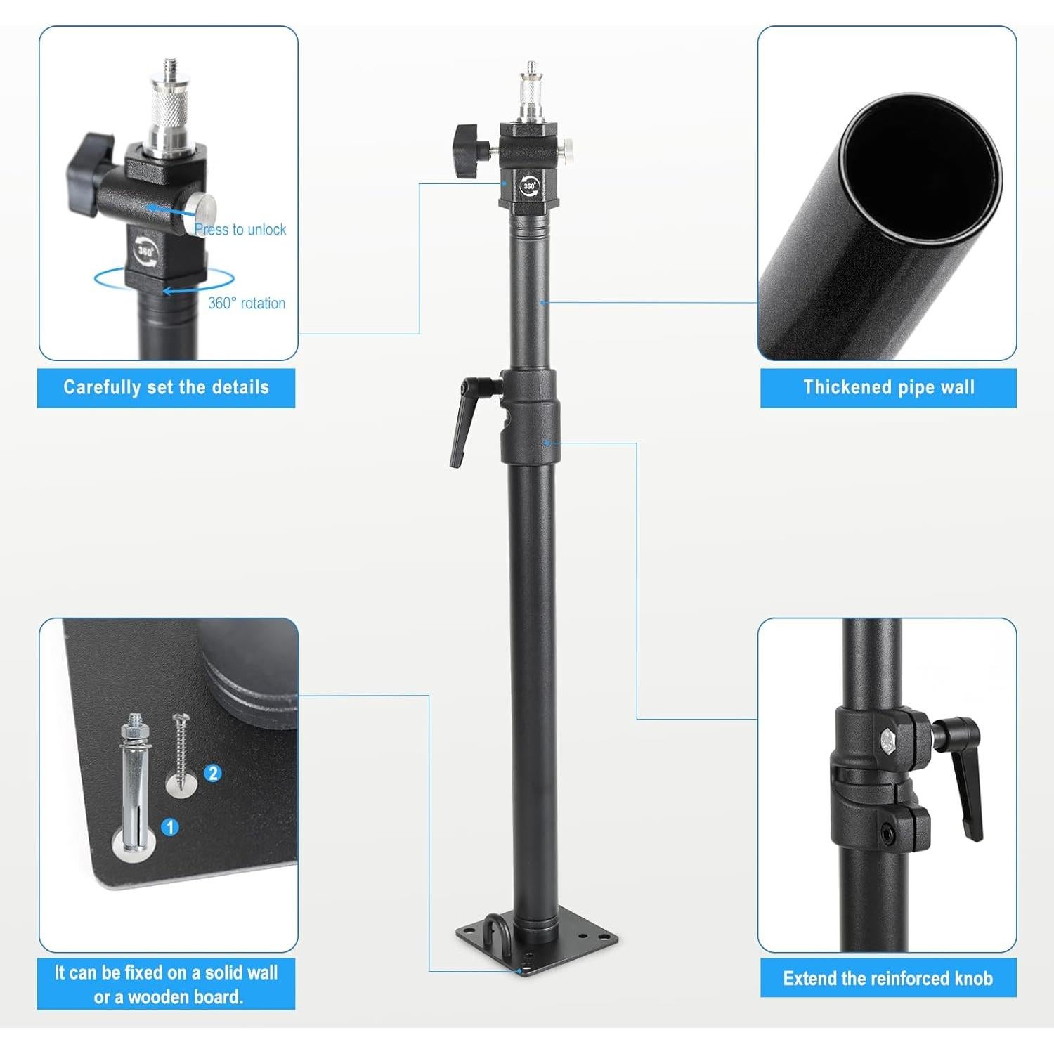 Photography Studio Ceiling Camera Mount 360° Rotation Wall Ceiling Light Mount Boom Arm Up to 28.3inch for Photo Video Monolights, Umbrellas, Reflectors, Overhead with 3/8" &1/4" Thread Adapter