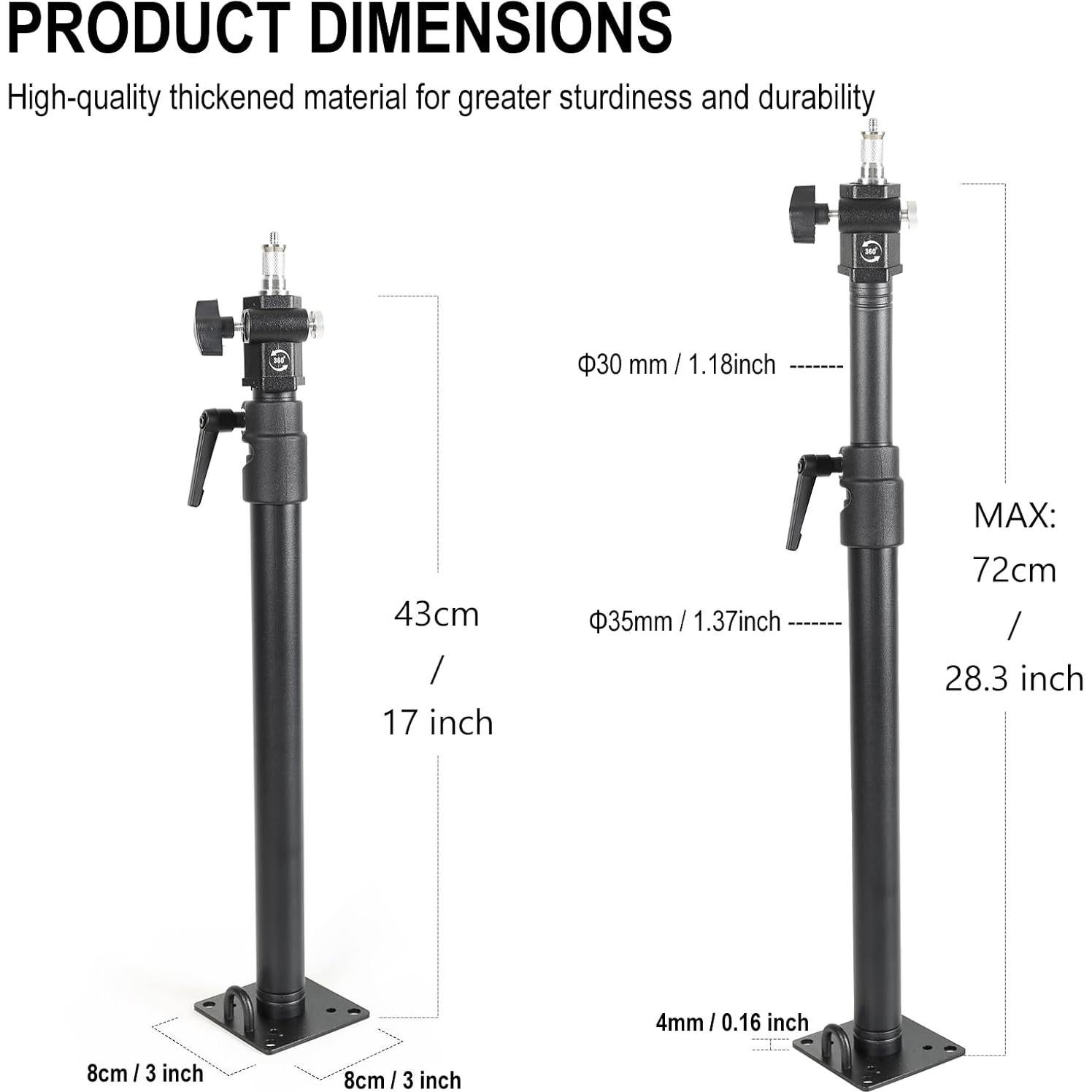 Photography Studio Ceiling Camera Mount 360° Rotation Wall Ceiling Light Mount Boom Arm Up to 28.3inch for Photo Video Monolights, Umbrellas, Reflectors, Overhead with 3/8" &1/4" Thread Adapter