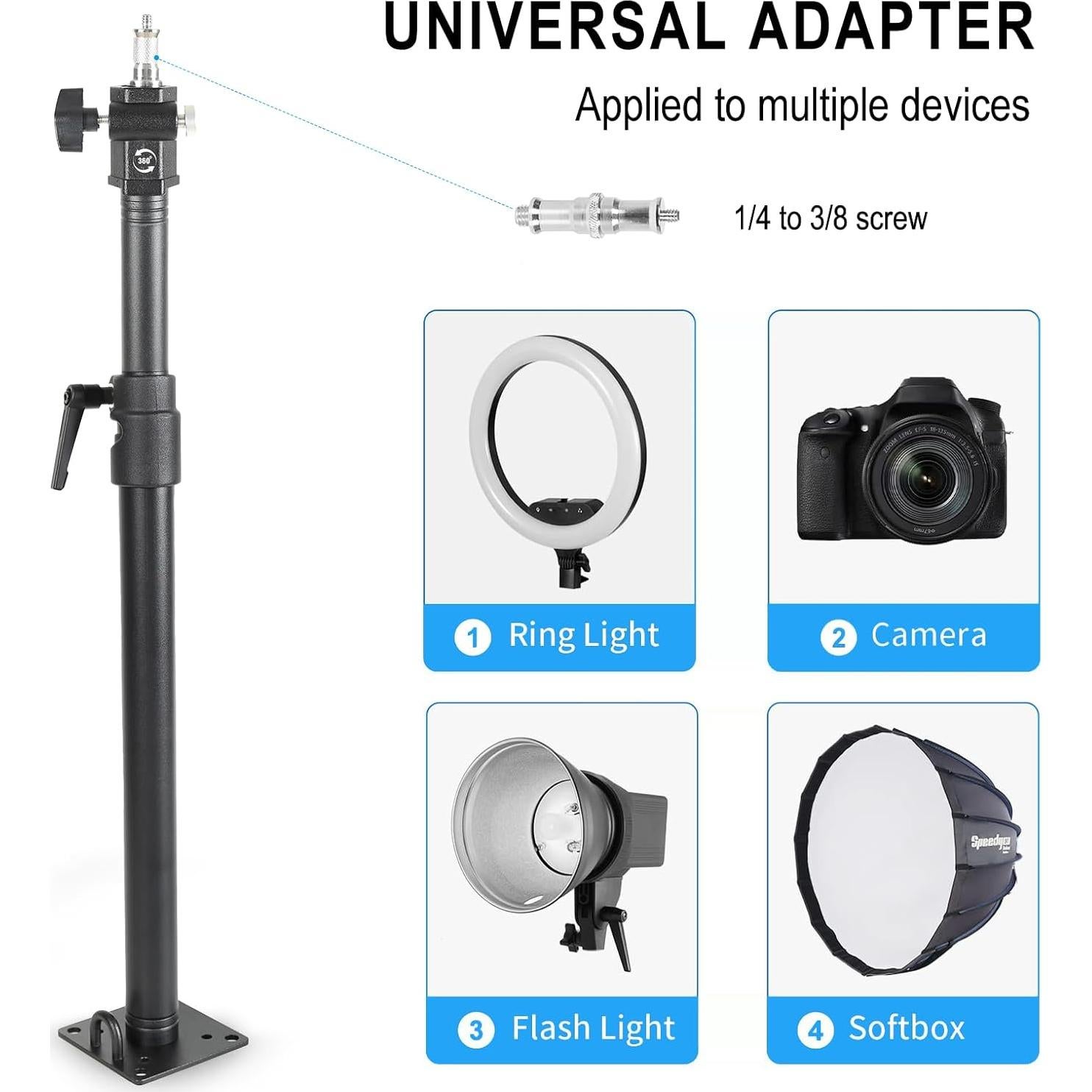 Photography Studio Ceiling Camera Mount 360° Rotation Wall Ceiling Light Mount Boom Arm Up to 28.3inch for Photo Video Monolights, Umbrellas, Reflectors, Overhead with 3/8" &1/4" Thread Adapter