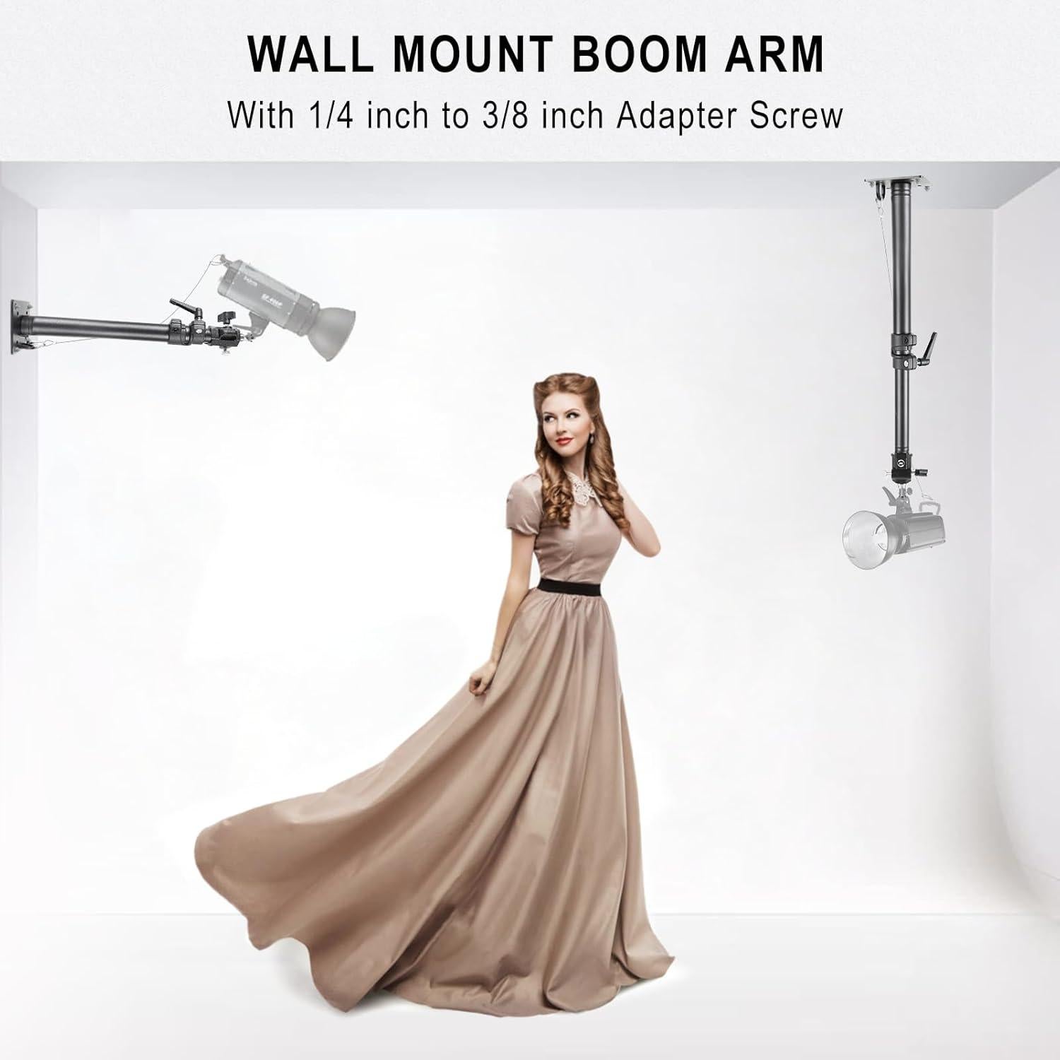 Photography Studio Ceiling Camera Mount 360° Rotation Wall Ceiling Light Mount Boom Arm Up to 28.3inch for Photo Video Monolights, Umbrellas, Reflectors, Overhead with 3/8" &1/4" Thread Adapter