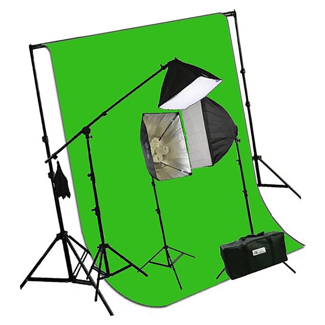 ePhotoInc 3200K Warm Lighting 10 x 20 Muslin Chromakey Green Screen Background Support Stand Kit 2700 Watt Hair Light Boom Stand Studio Photo Video Lighting Kit H604SB-1020G 3200K
