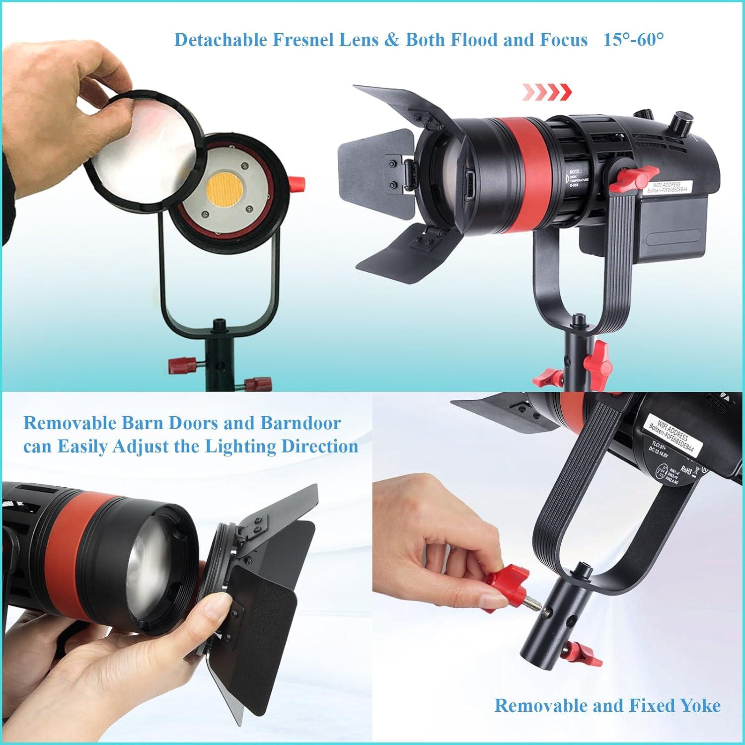 Came-TV Boltzen Q-55WMKII COB 55W Fresnel Focusable Led Video Light Kit,Daylight 5600K CRI96+ TLCI98+ APP Control Lighting Effects Adjustable Frequency Removable Barn-Door Carry Bag