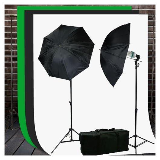 ePhoto Video Studio Lighting Kit with Background Support Stands 3pcs 10'x10' Chromakey Green Screen, Black, White and Case by ePhotoInc HKZ03