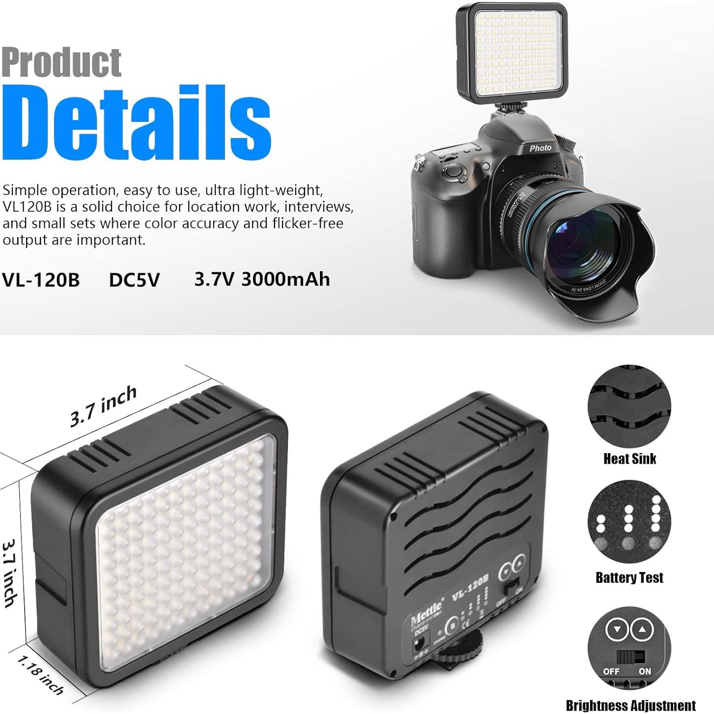 Luz de Video LED Mettlelite VL120B Dimmable Portátil 357g