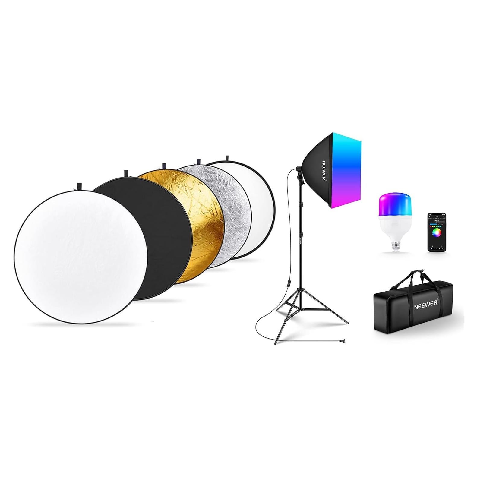 NEEWER 32”/80cm Light Reflector Light Diffuser 5 in 1 Collapsible Multi Disc - Translucent Silver Gold White Black for Studio Outdoor Photography Lighting, NK800 RGB Softbox Lighting Kit Included