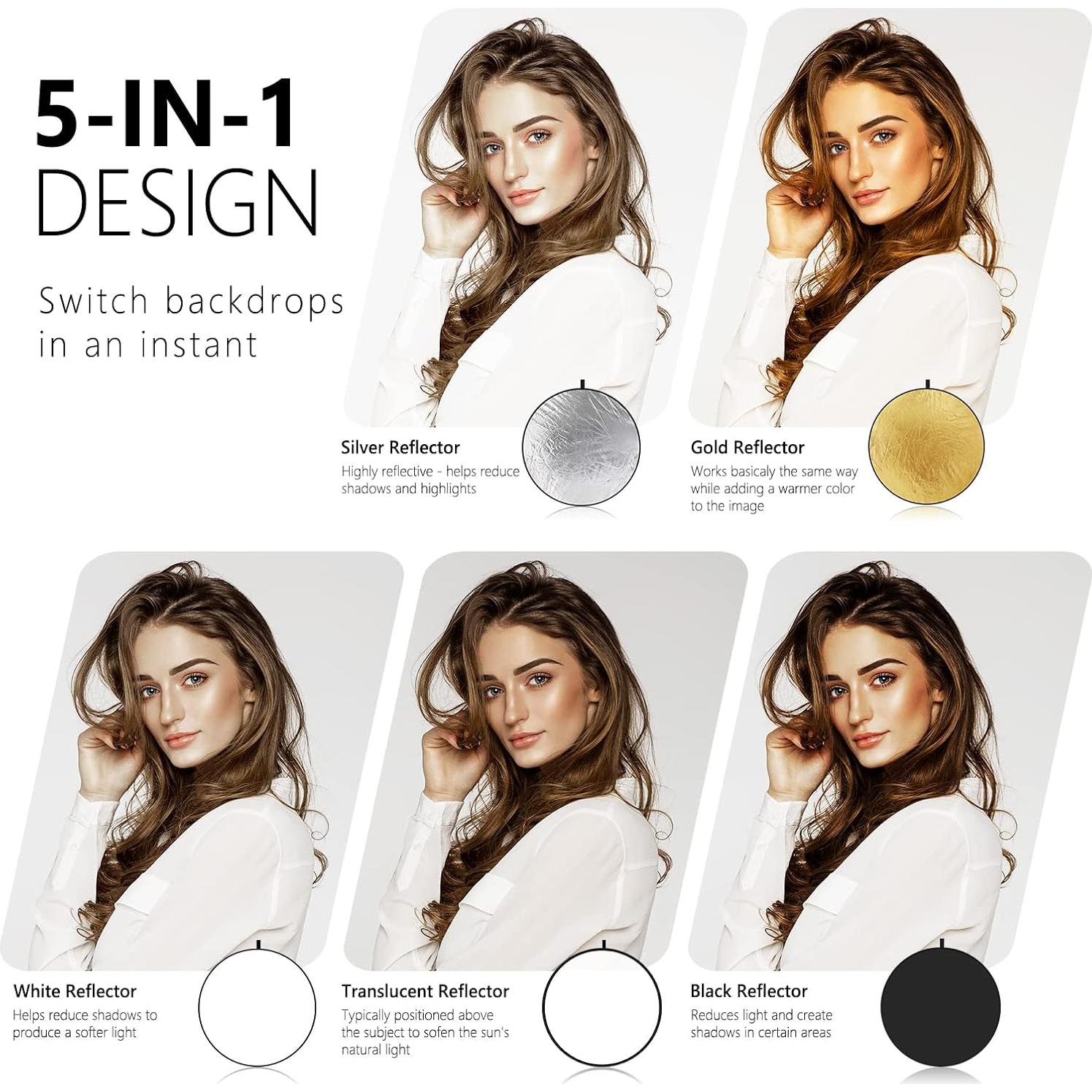 NEEWER 32”/80cm Light Reflector Light Diffuser 5 in 1 Collapsible Multi Disc - Translucent Silver Gold White Black for Studio Outdoor Photography Lighting, NK800 RGB Softbox Lighting Kit Included