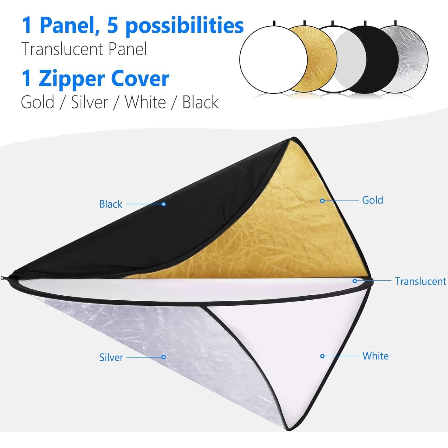 NEEWER 32”/80cm Light Reflector Light Diffuser 5 in 1 Collapsible Multi Disc - Translucent Silver Gold White Black for Studio Outdoor Photography Lighting, NK800 RGB Softbox Lighting Kit Included