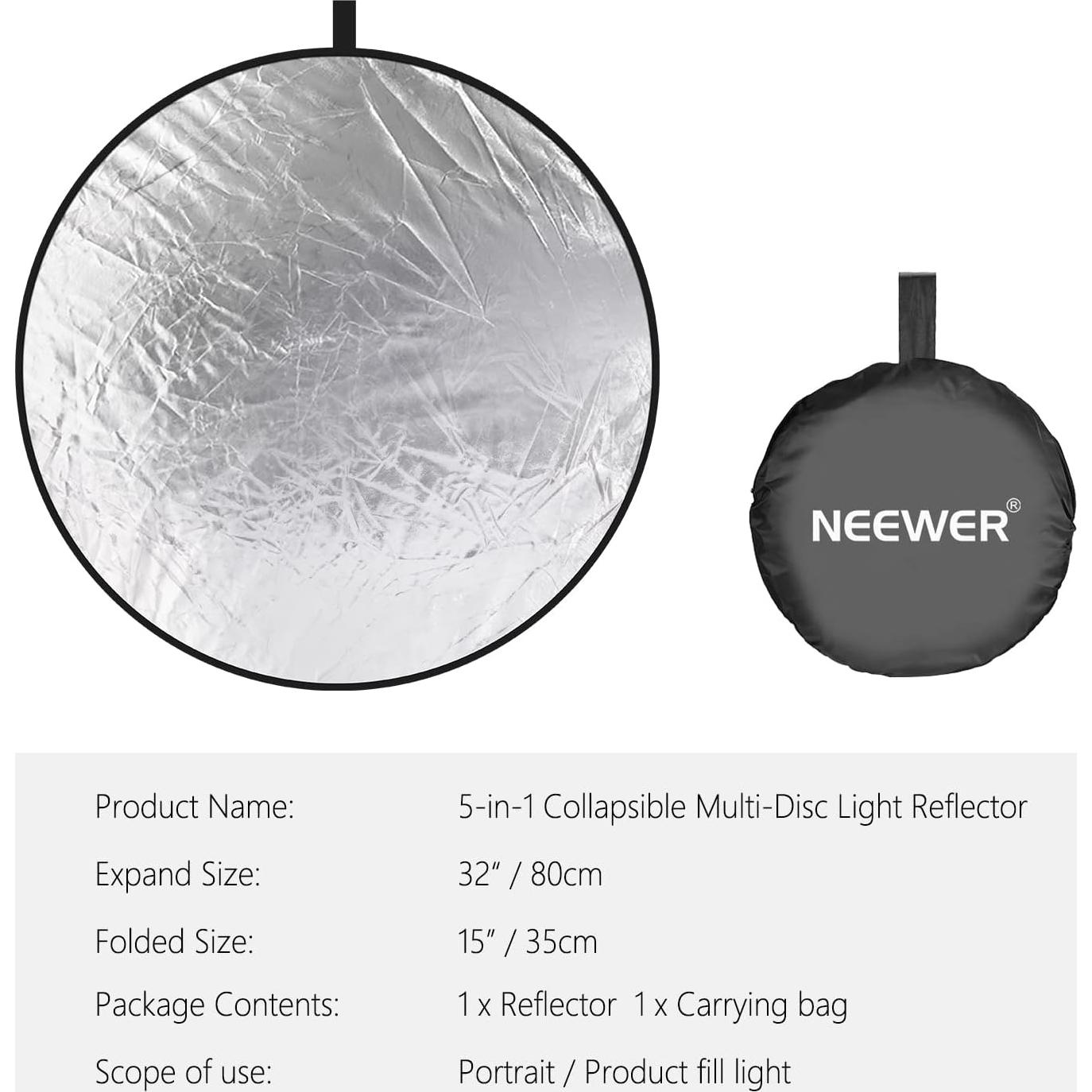 NEEWER 32”/80cm Light Reflector Light Diffuser 5 in 1 Collapsible Multi Disc - Translucent Silver Gold White Black for Studio Outdoor Photography Lighting, NK800 RGB Softbox Lighting Kit Included