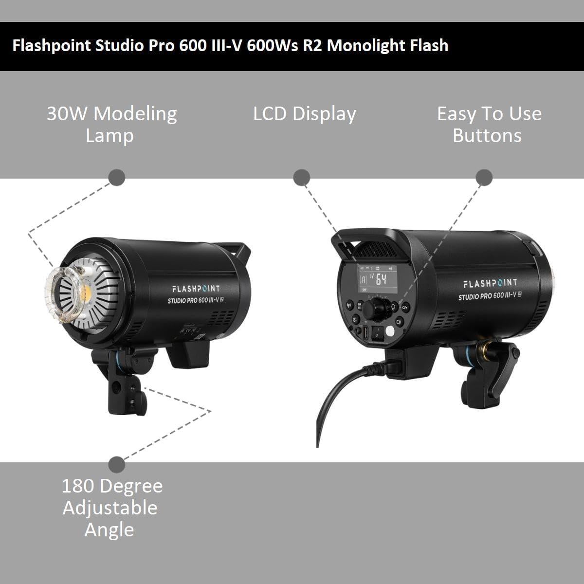 Flashpoint Studio Pro 600 III-V 600W R2 Flash 2-Light Kit with LED Lamp, Bundle with Stands, Softbox and Umbrella