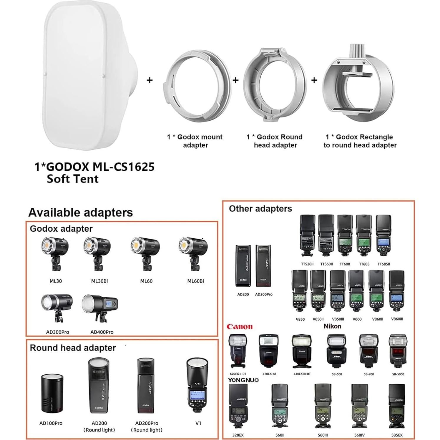 Softbox Godox ML-CS1625 con 3 Adaptadores para Flash