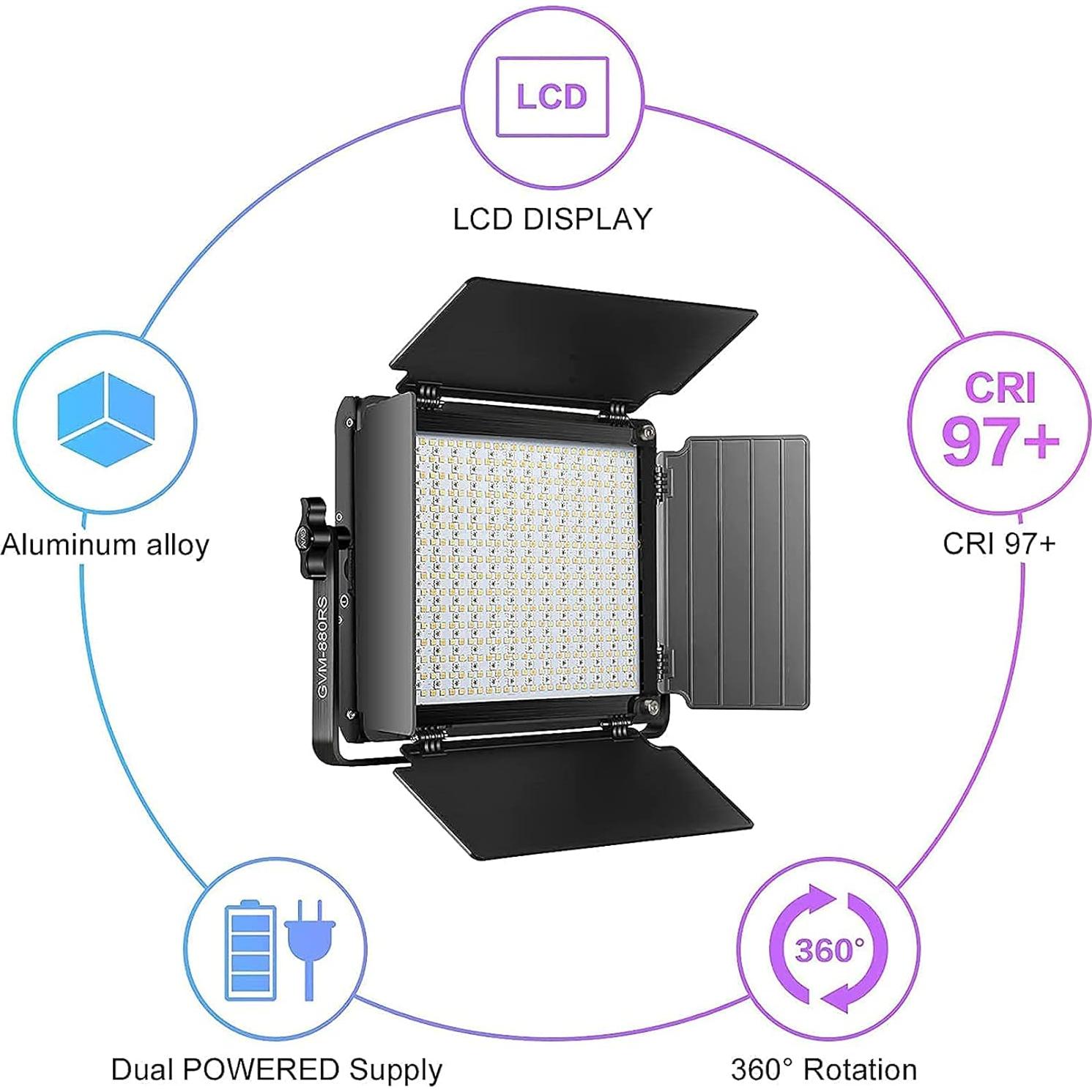 Kit de Iluminación LED RGB GVM 60W con Softbox y Soportes