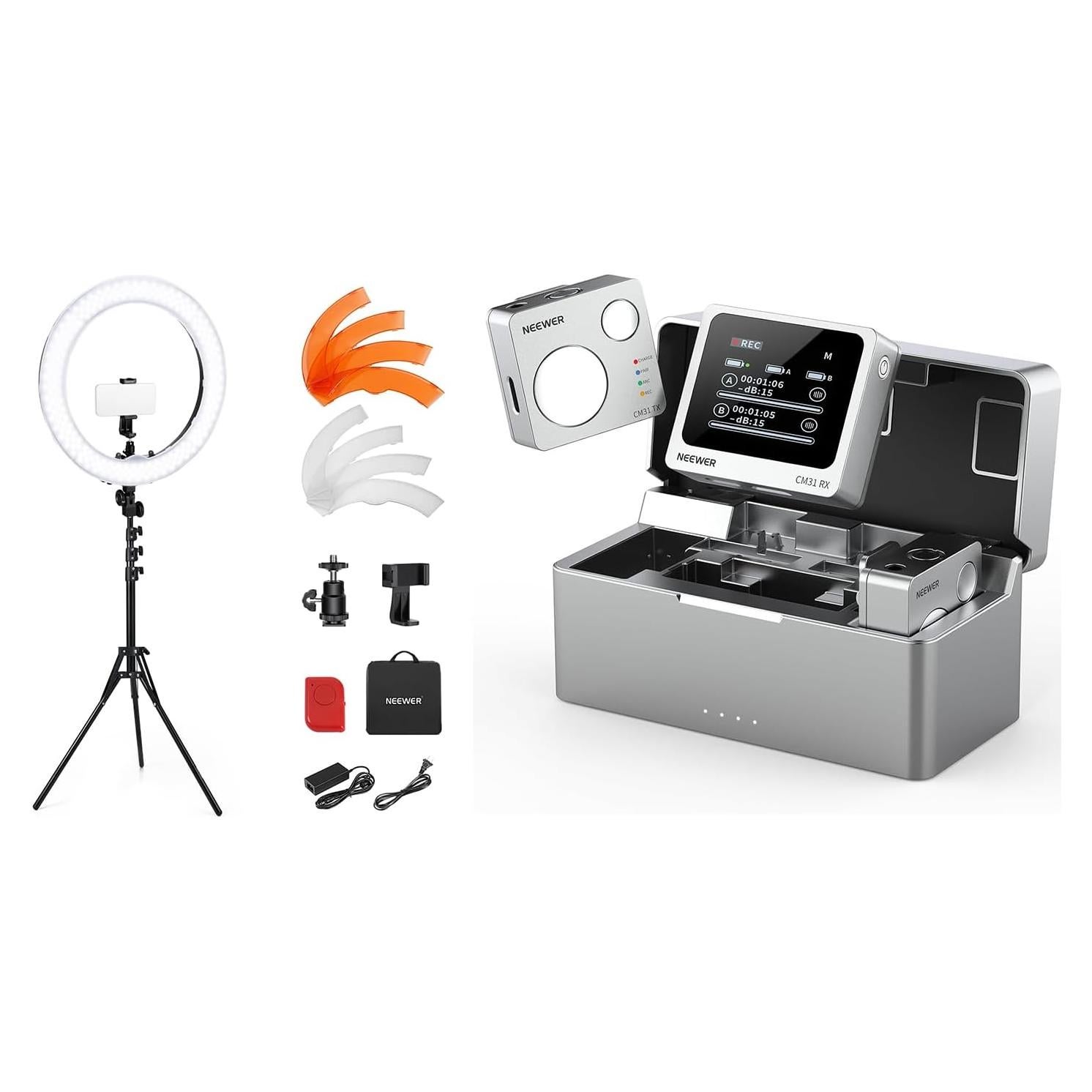 NEEWER 55W 18"/45cm Ring Light Kit [New Version], 5600K Dimmable LED Ringlight Tripod Stand Phone Holder for iPhone Selfie Makeup Lash Tattoo Studio Photo, CM31 Wireless Lavalier Microphone Included