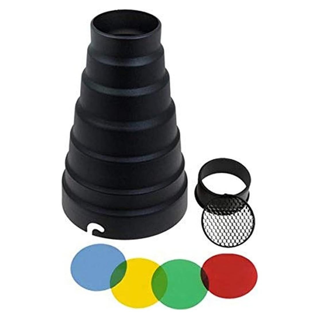 Snoot Fotodiox para Flash Elinchrom con Rejilla y 5 Filtros