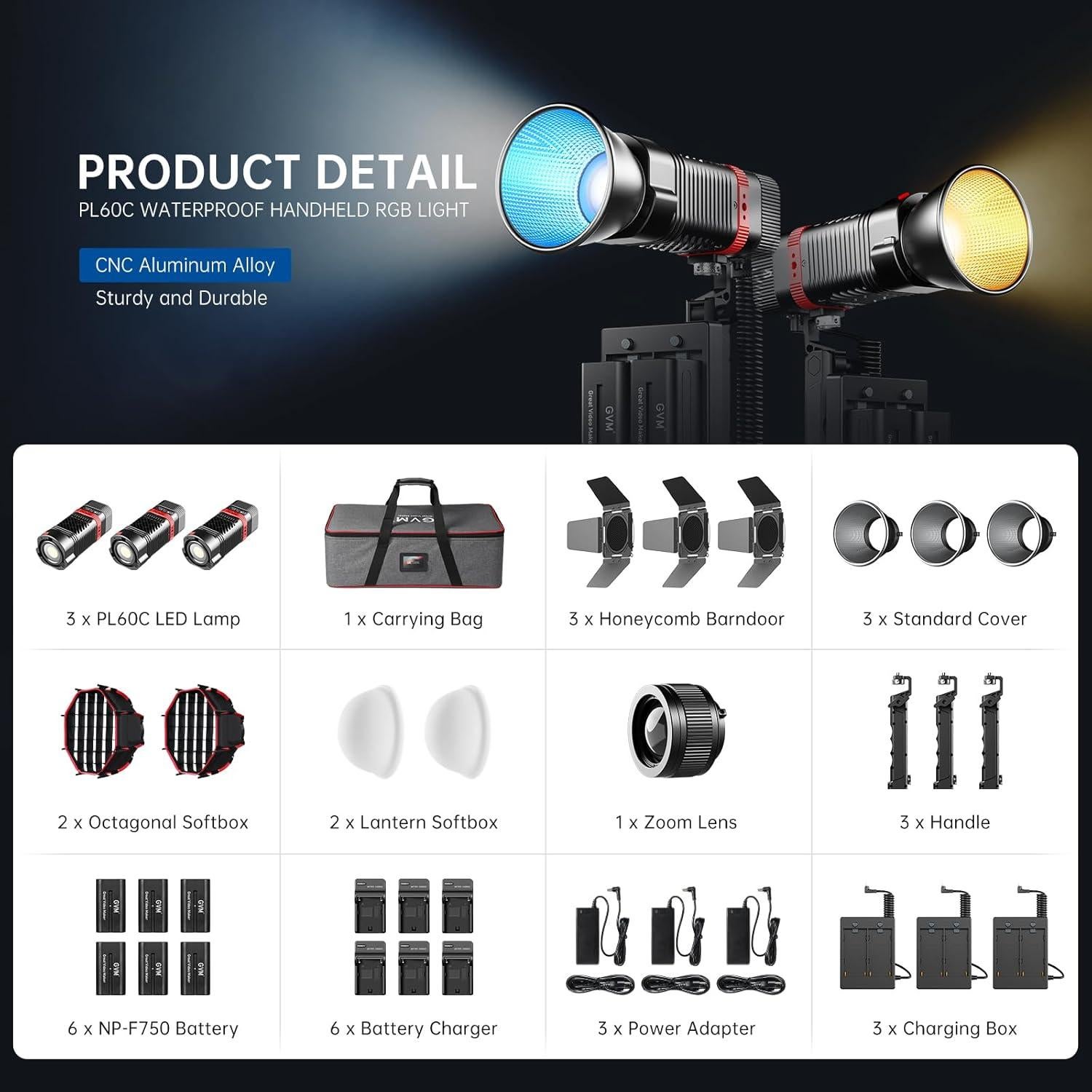 Kit de Luz de Video RGB GVM PL60C - 3 Luces LED Portátiles
