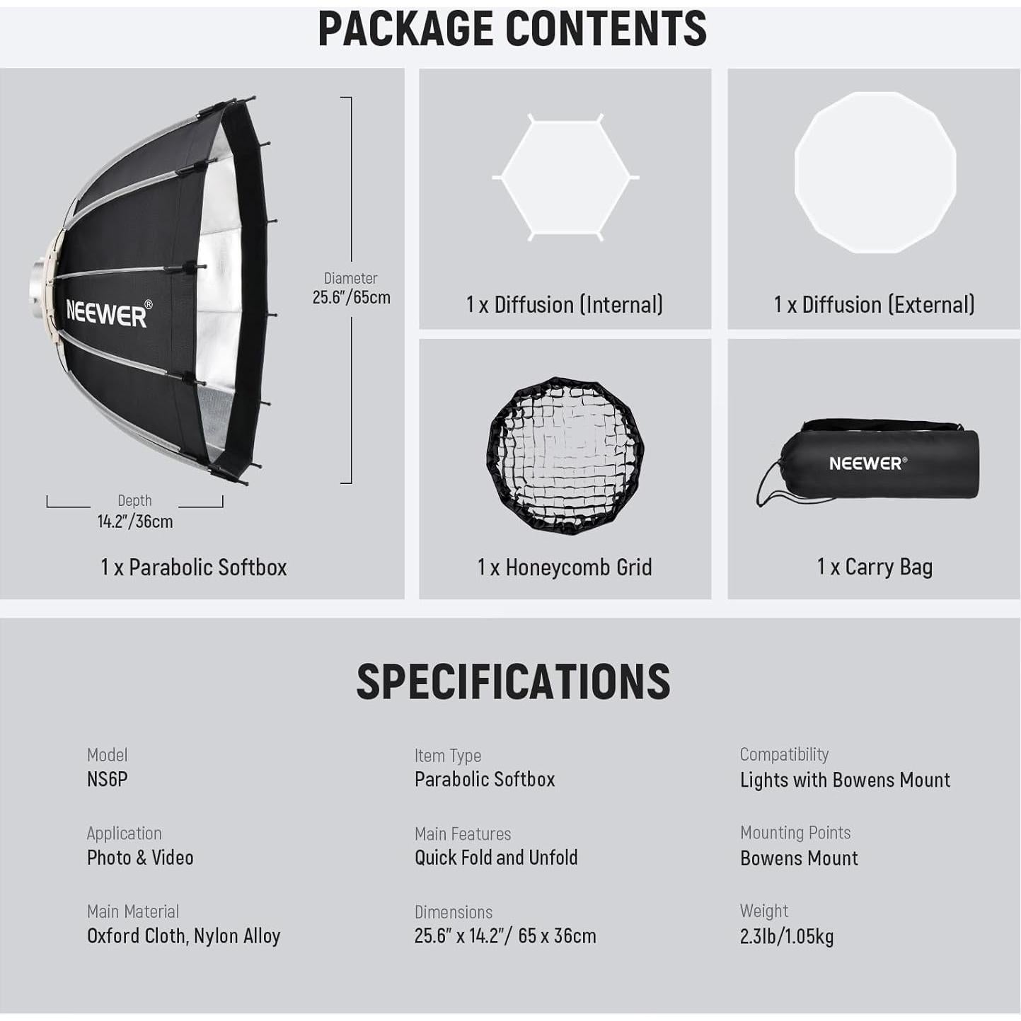 Softbox Parabólico NEEWER 65 cm con Montura Bowens y Difusores