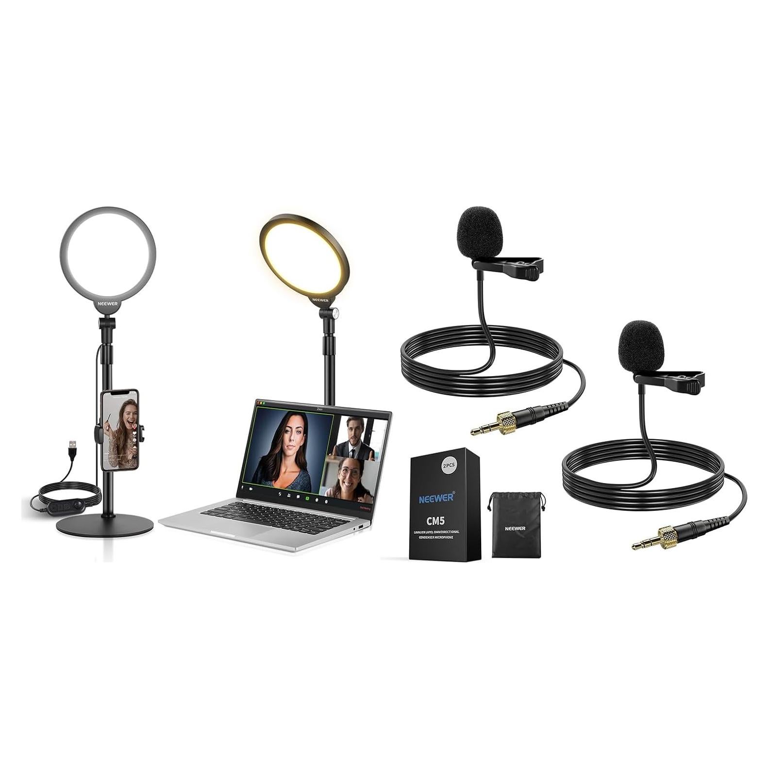 NEEWER R06 Basic 7" Desktop Phone Selfie Light Kit for Conference Lighting, 10W Dimmable Full Screen Ring Light for Computer Laptop Vlog Live Streaming Recording, CM5 Lapel Microphone Included