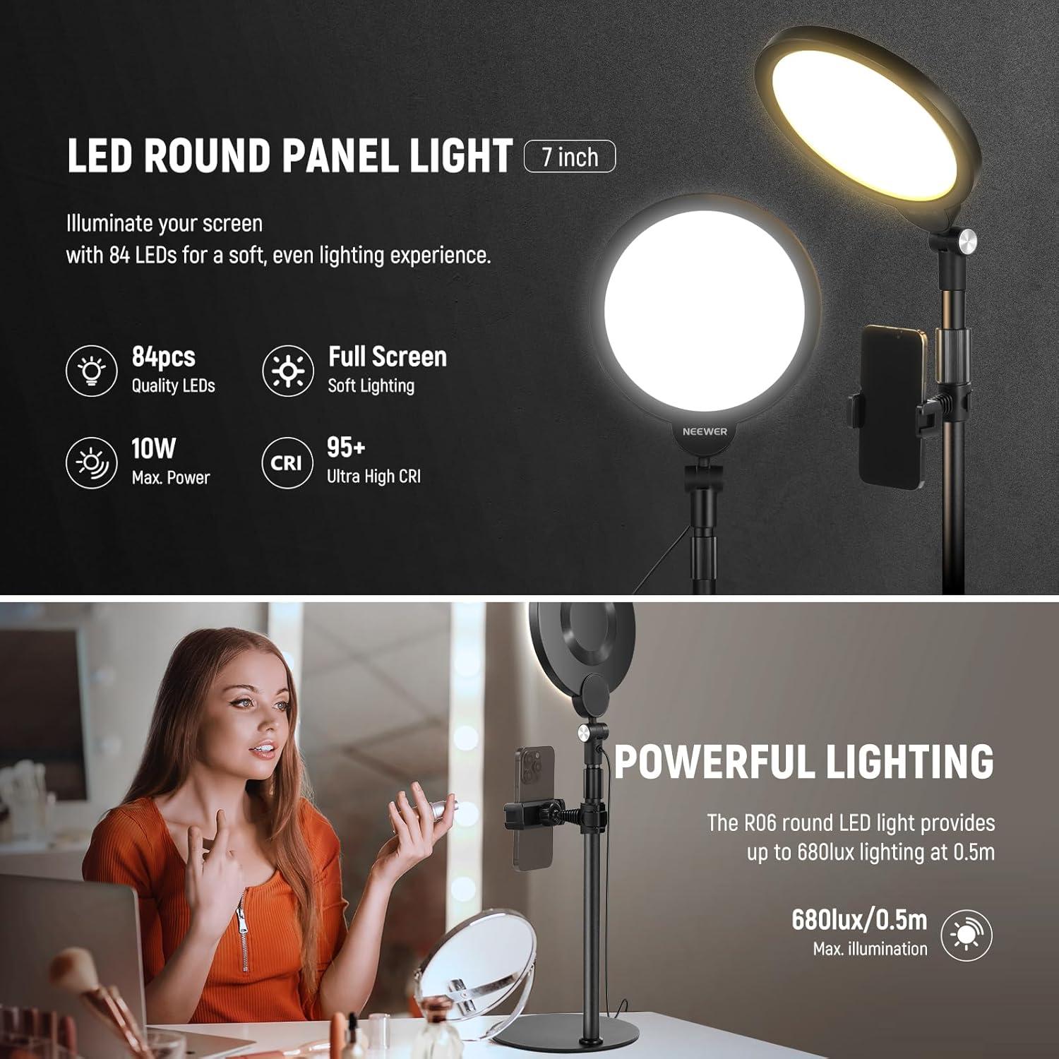 NEEWER R06 Basic 7" Desktop Phone Selfie Light Kit for Conference Lighting, 10W Dimmable Full Screen Ring Light for Computer Laptop Vlog Live Streaming Recording, CM5 Lapel Microphone Included