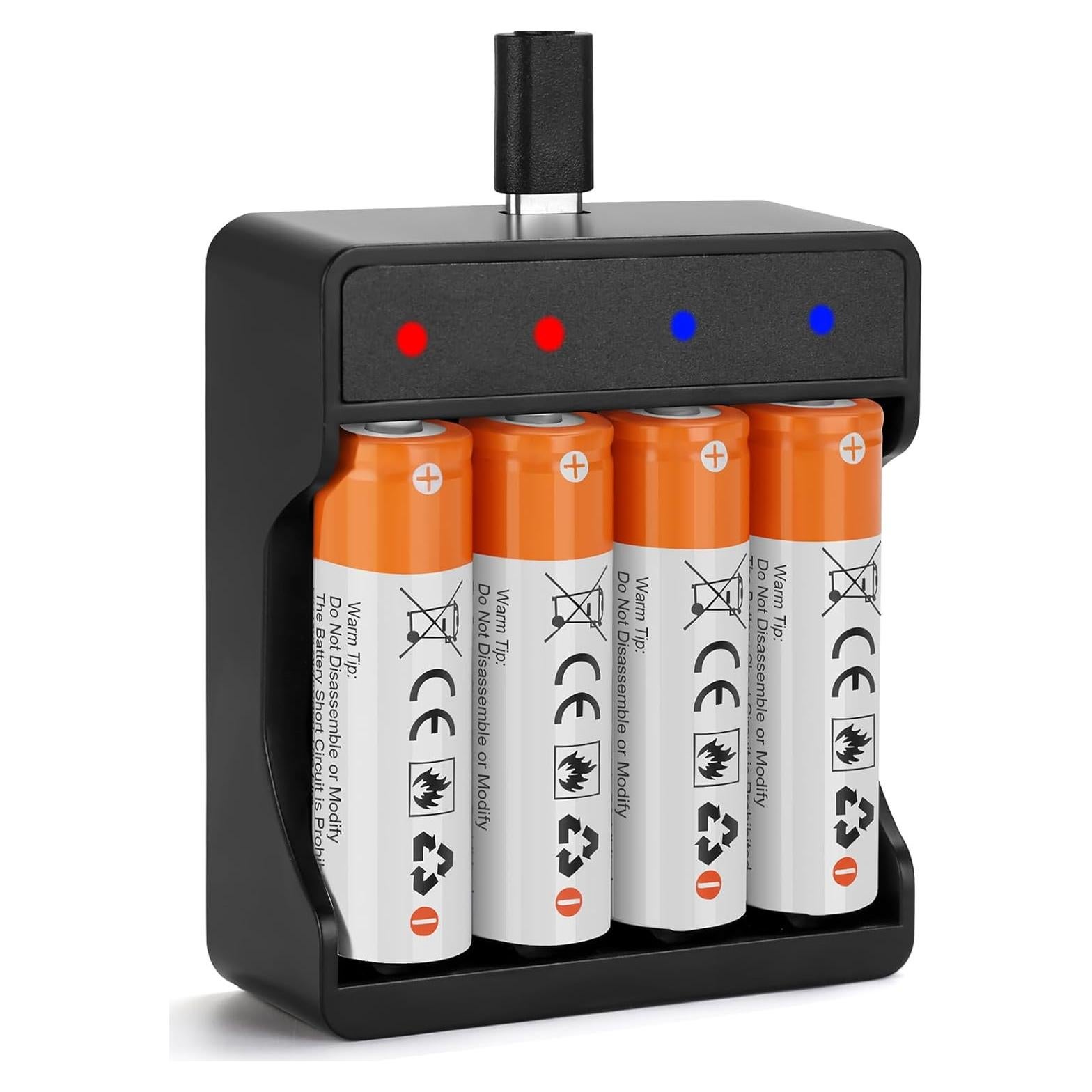 Paquete de 4 Baterías Recargables AA 1.5V con Cargador Rápido