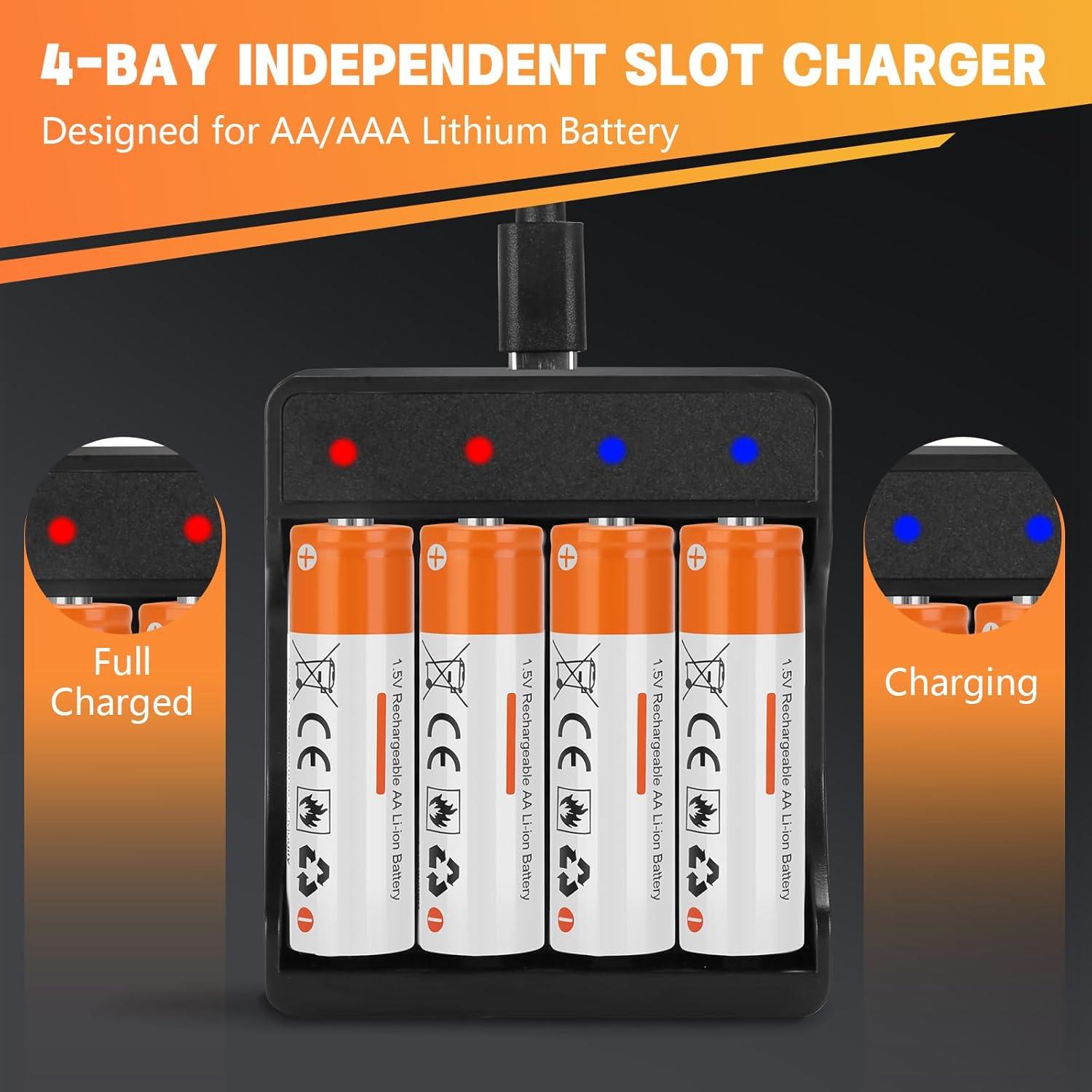 Paquete de 4 Baterías Recargables AA 1.5V con Cargador Rápido