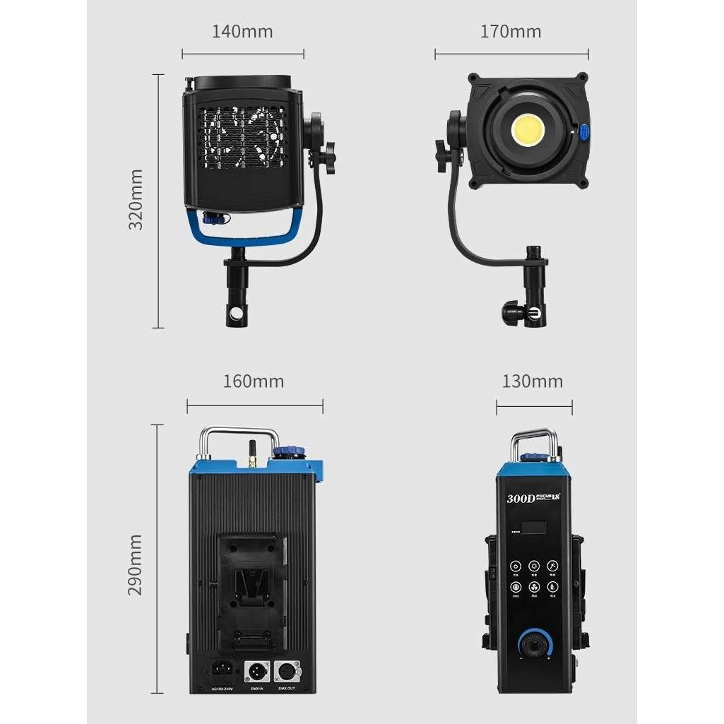 300W Daylight 300D LED Video Light with Bowens Mount 5600K High Power Continuous Battery Powered Portable Studio Lighting Kit/V-Mount Plate, 11 Pre-Programmed Lighting Effects