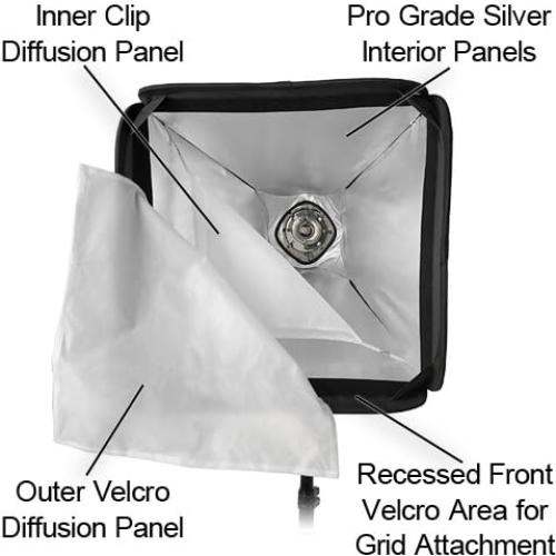 Fotodiox Pro 20x20" Foldable Softbox PLUS Grid (Eggcrate) for Studio Strobe/Flash with Soft Diffuser and Dedicated Speedring Insert, for Balcar, White Lightning, Lighting, X800, X1600, X3200 Strobe Flash Light, Soft box, Speed Ring
