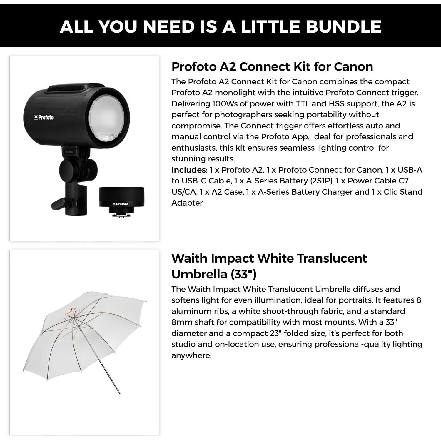 Kit de Conexión Profoto A2 para Canon - Flash 100Ws y Paraguas 33"