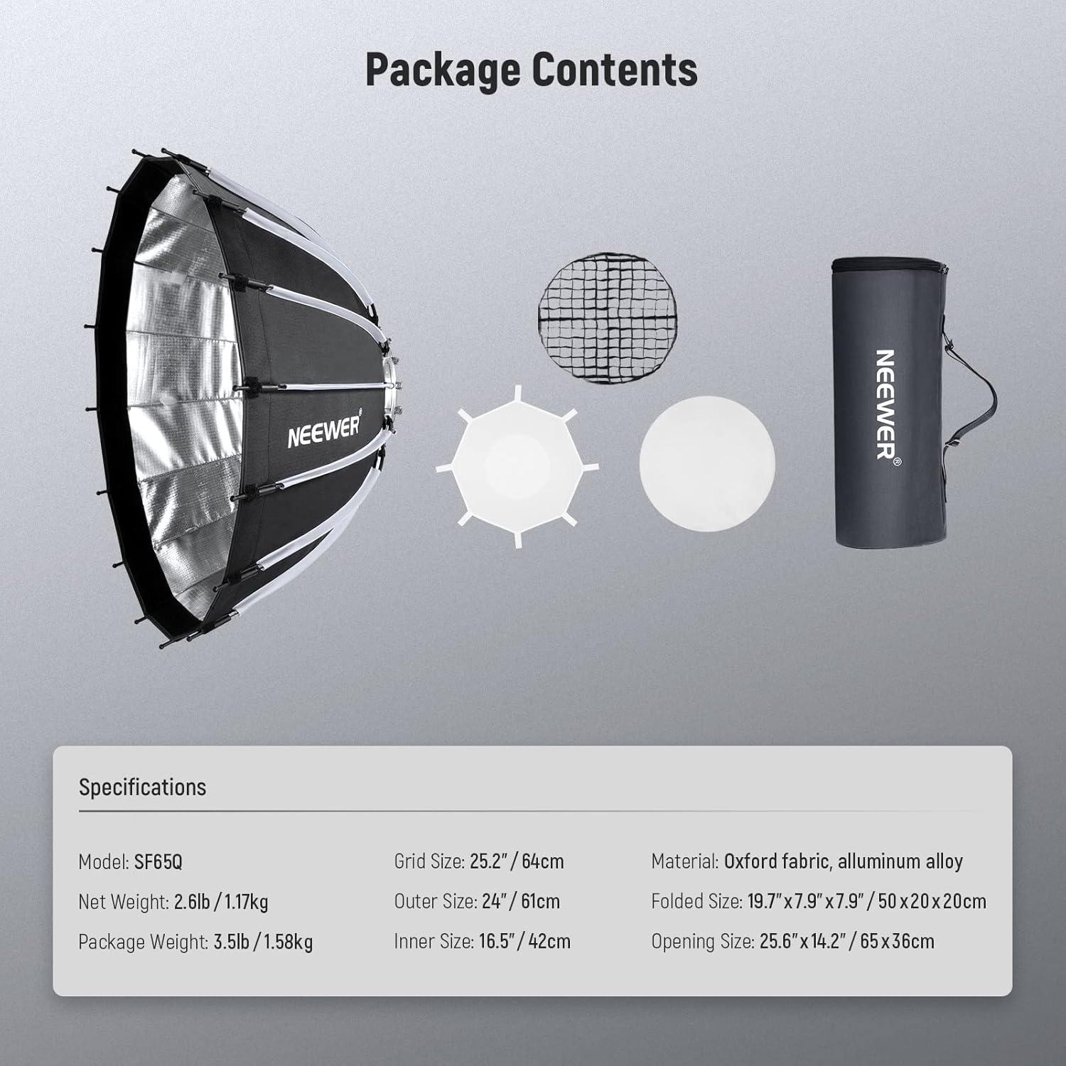 Softbox Parabólico NEEWER 65 cm con Difusores y Rejilla