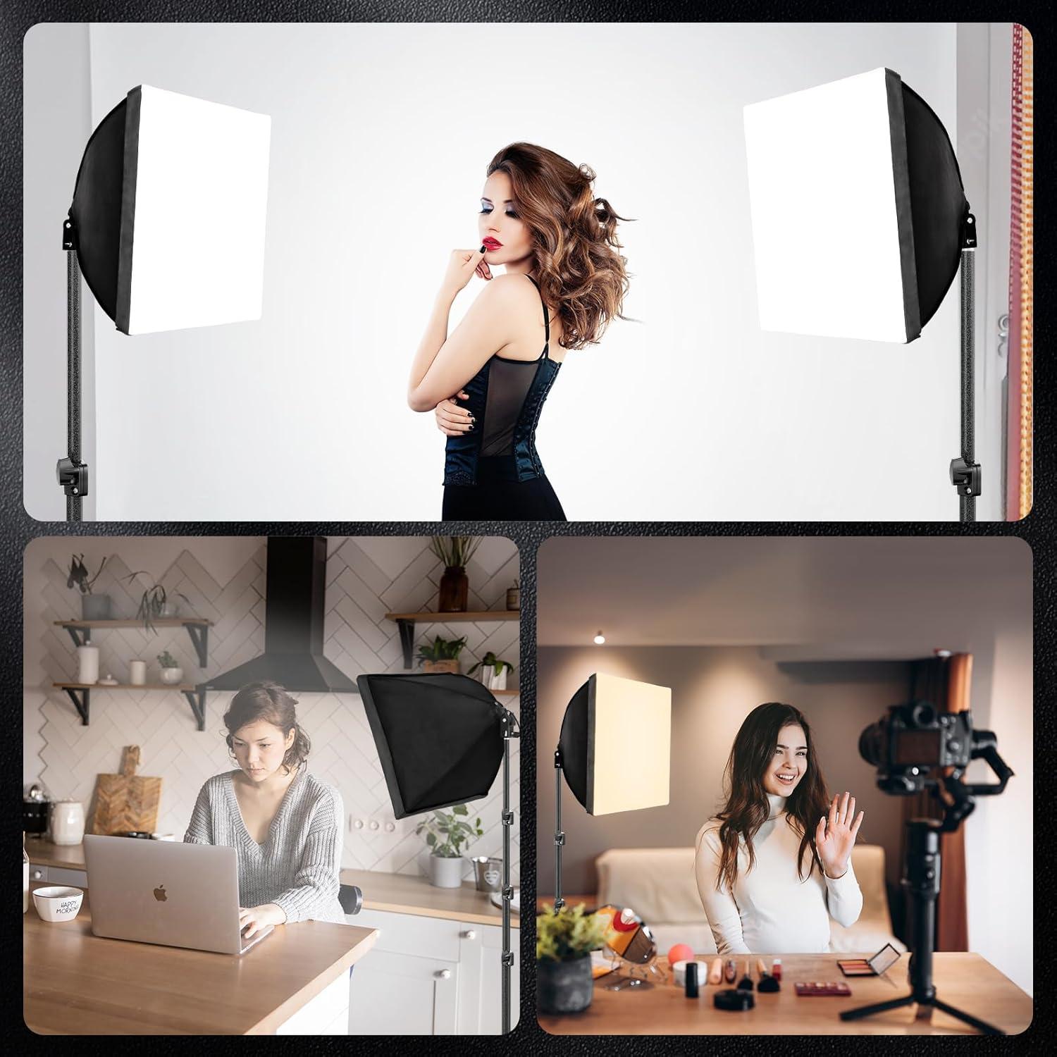 Softbox Photography Lighting Kit, Four-Legged 16"X16" Professional Softbox Lighting Kit with 85W 3000-6000K LED Bulbs & Remote, Studio Lights for Photography/Video Recording/Live Streaming