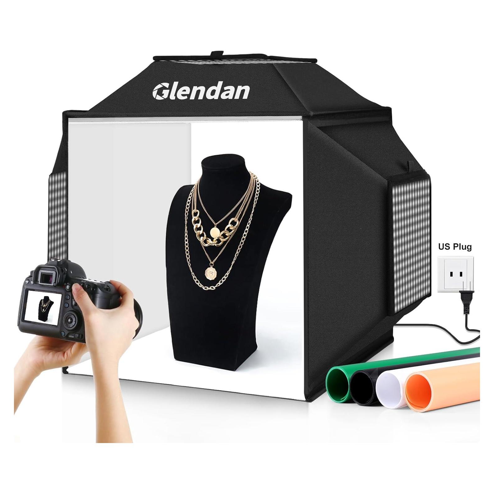 Glendan Upgrade Professional Portable Photo Studio Light Box with 1222 LED Lights, 20"x20" Soft Box, 4 Color PVC Backdrops for Jewelry and Product Photography