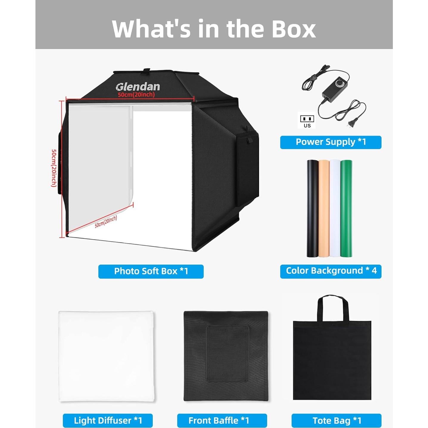 Glendan Upgrade Professional Portable Photo Studio Light Box with 1222 LED Lights, 20"x20" Soft Box, 4 Color PVC Backdrops for Jewelry and Product Photography