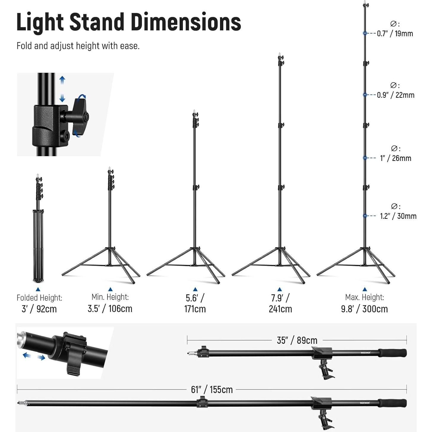 Soporte de Luz NEEWER Ajustable 3m con Brazo y Contrapeso