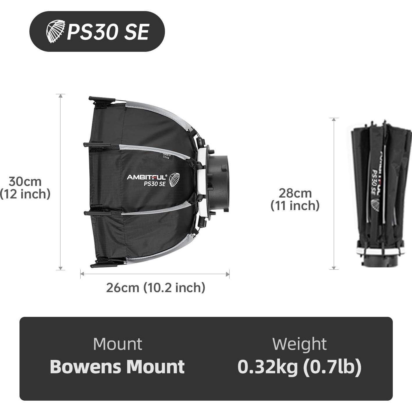 Mini Softbox Plegable AMBITFUL PS30 SE 30cm Bowens con Difusores