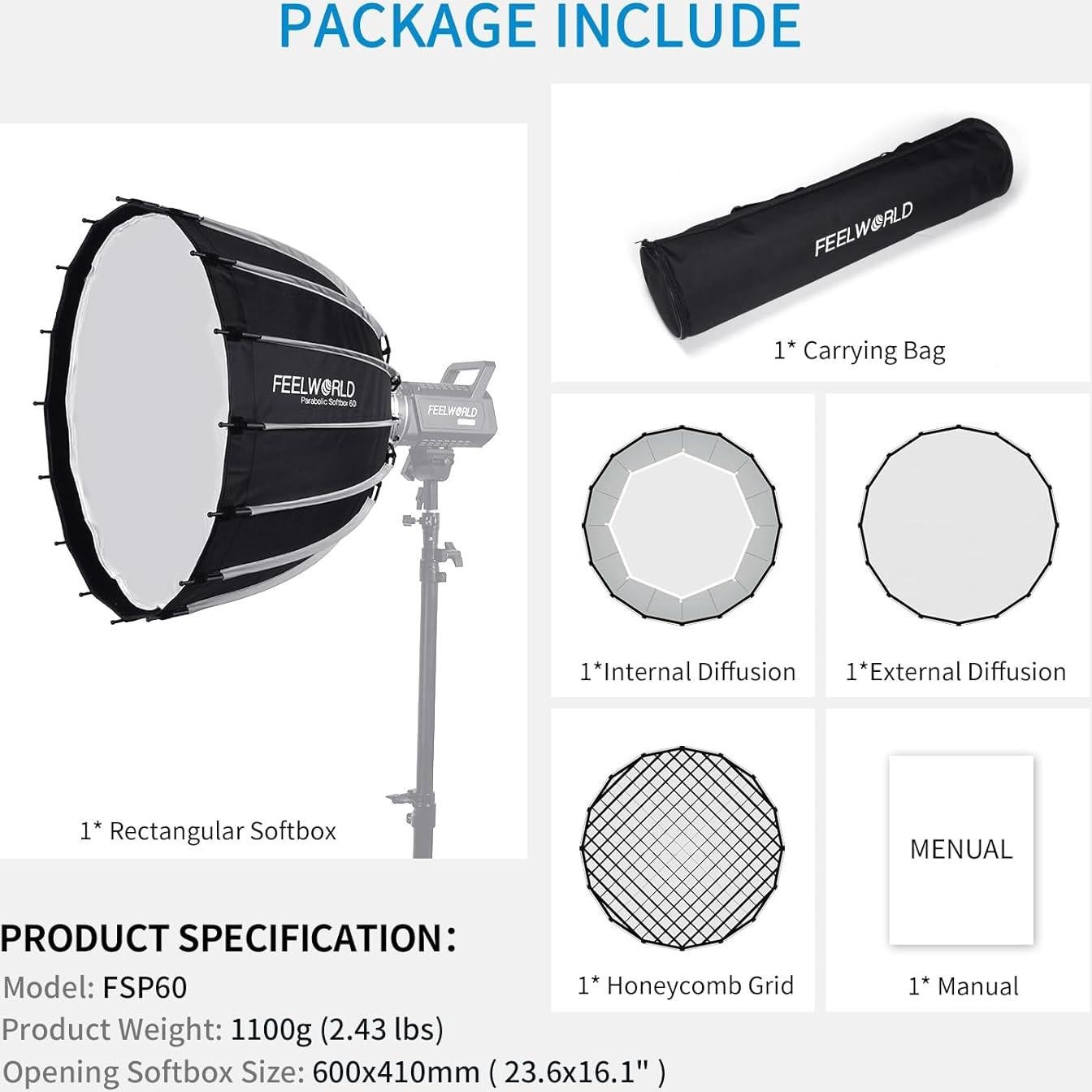 Softbox Parabólico FEELWORLD FSP60 V2 60cm para Luces Bowens