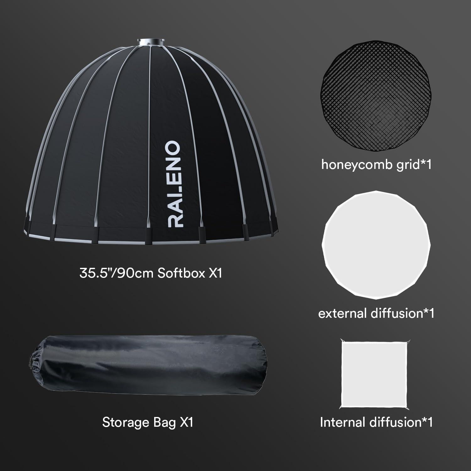 Softbox Parabólico RALENO 90cm con Rejilla y Bolsa de Transporte