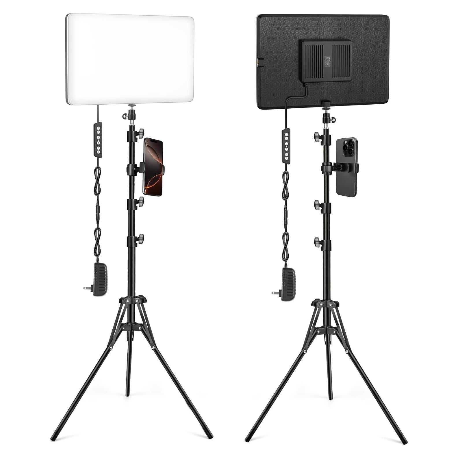 2-Pack LED Video Light Kit with 63'' Tripod Stand, 2500K-8500K Dimmable Studio Light Photography Panel Lighting for Video Recording Game Live Streaming Podcast YouTube Filming, Phone Holder