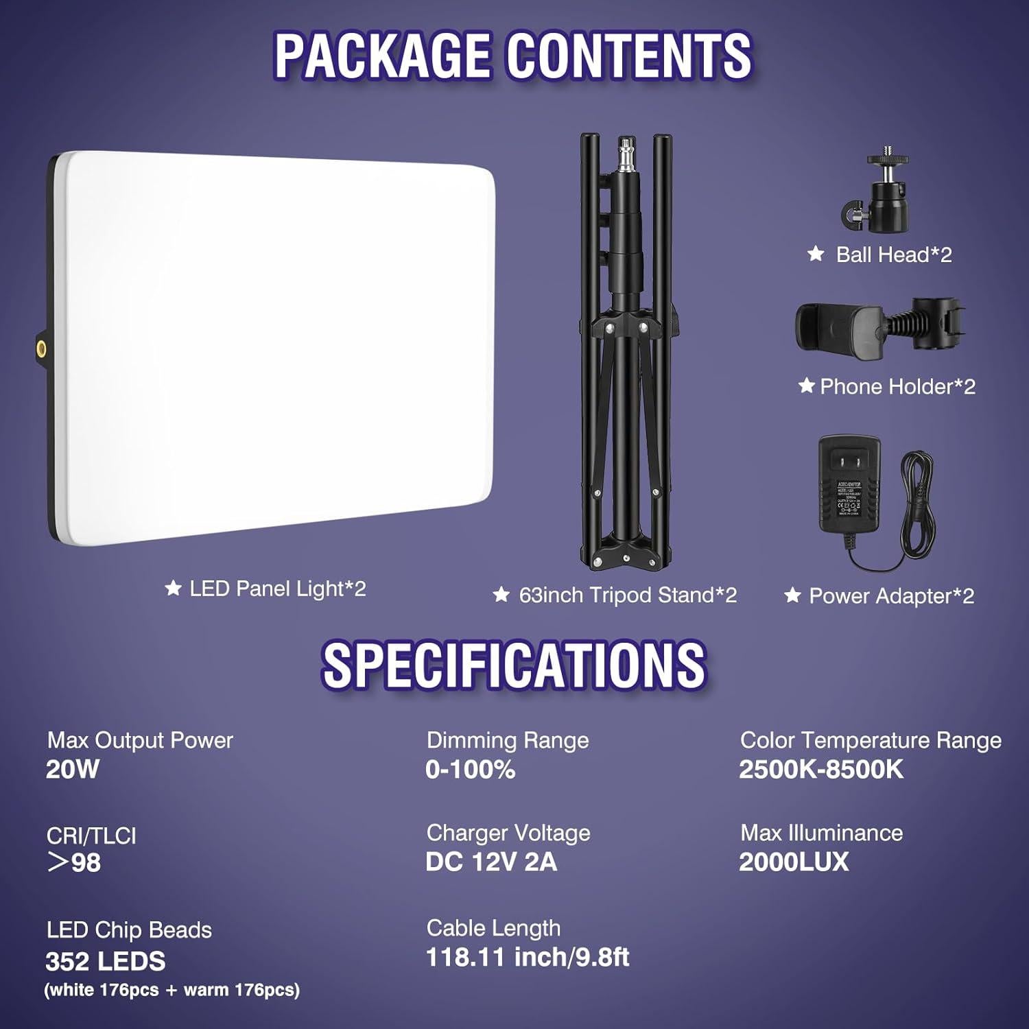 2-Pack LED Video Light Kit with 63'' Tripod Stand, 2500K-8500K Dimmable Studio Light Photography Panel Lighting for Video Recording Game Live Streaming Podcast YouTube Filming, Phone Holder