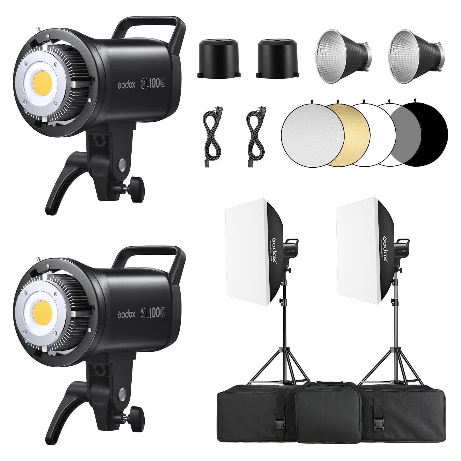 Godox 2PACK SL100Bi Professional COB LED Video Lighting Kit Bi Color Continuous Light Kit with 2*Light Stand 2* Softbox 1 * 5 in 1 Reflector 1*Carry Bag Studio Light for Photography Studio Shooting