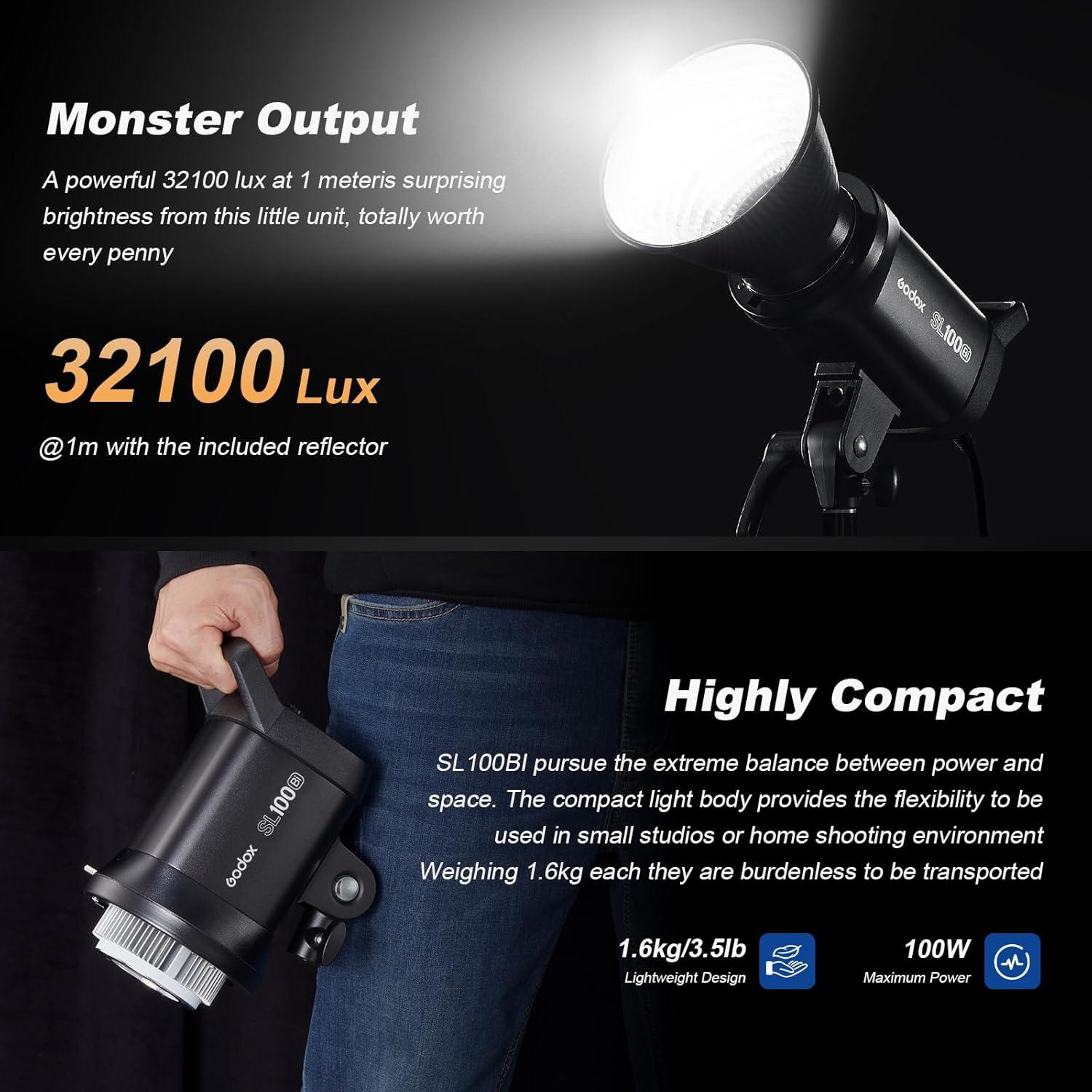 Godox 2PACK SL100Bi Professional COB LED Video Lighting Kit Bi Color Continuous Light Kit with 2*Light Stand 2* Softbox 1 * 5 in 1 Reflector 1*Carry Bag Studio Light for Photography Studio Shooting