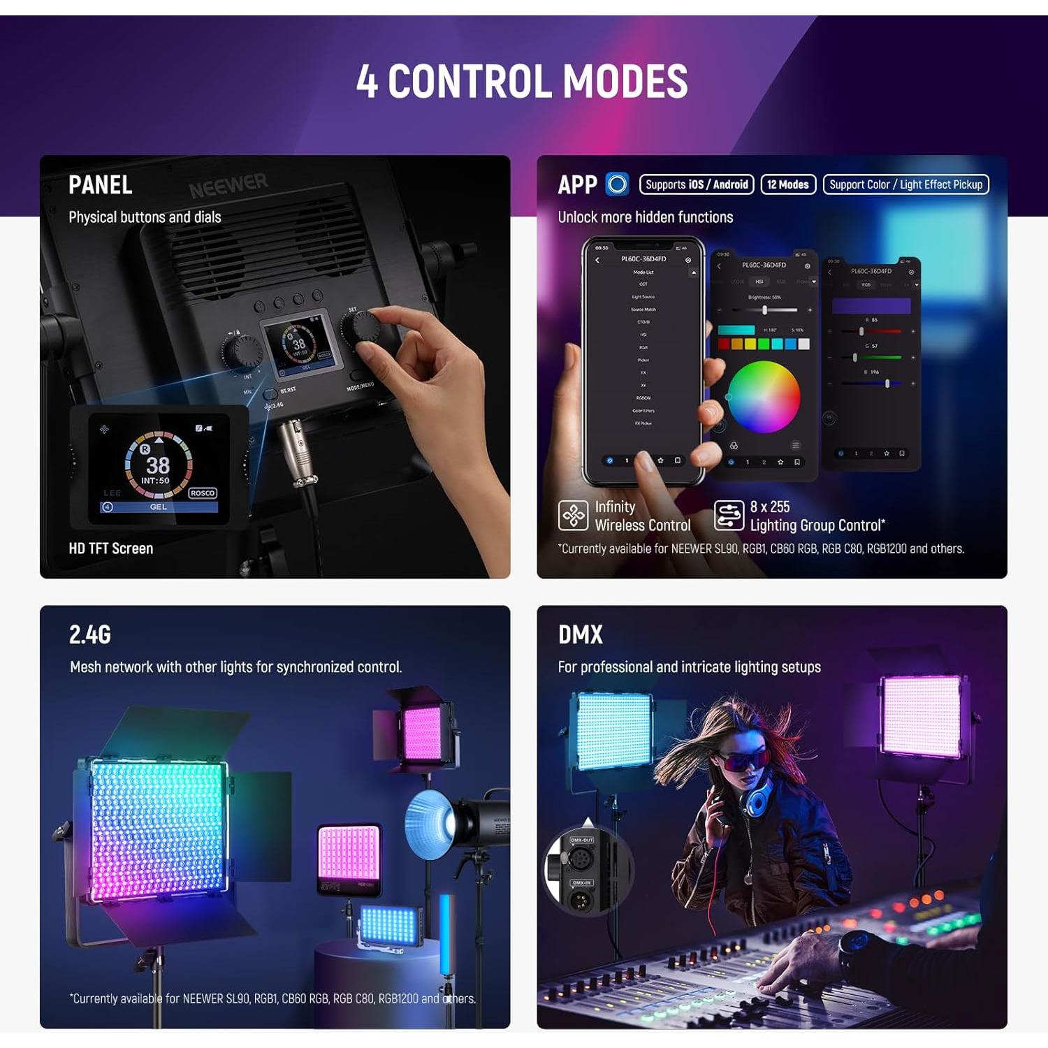 Kit de Luz de Video LED RGB NEEWER PL60C 60W con Soportes 2m