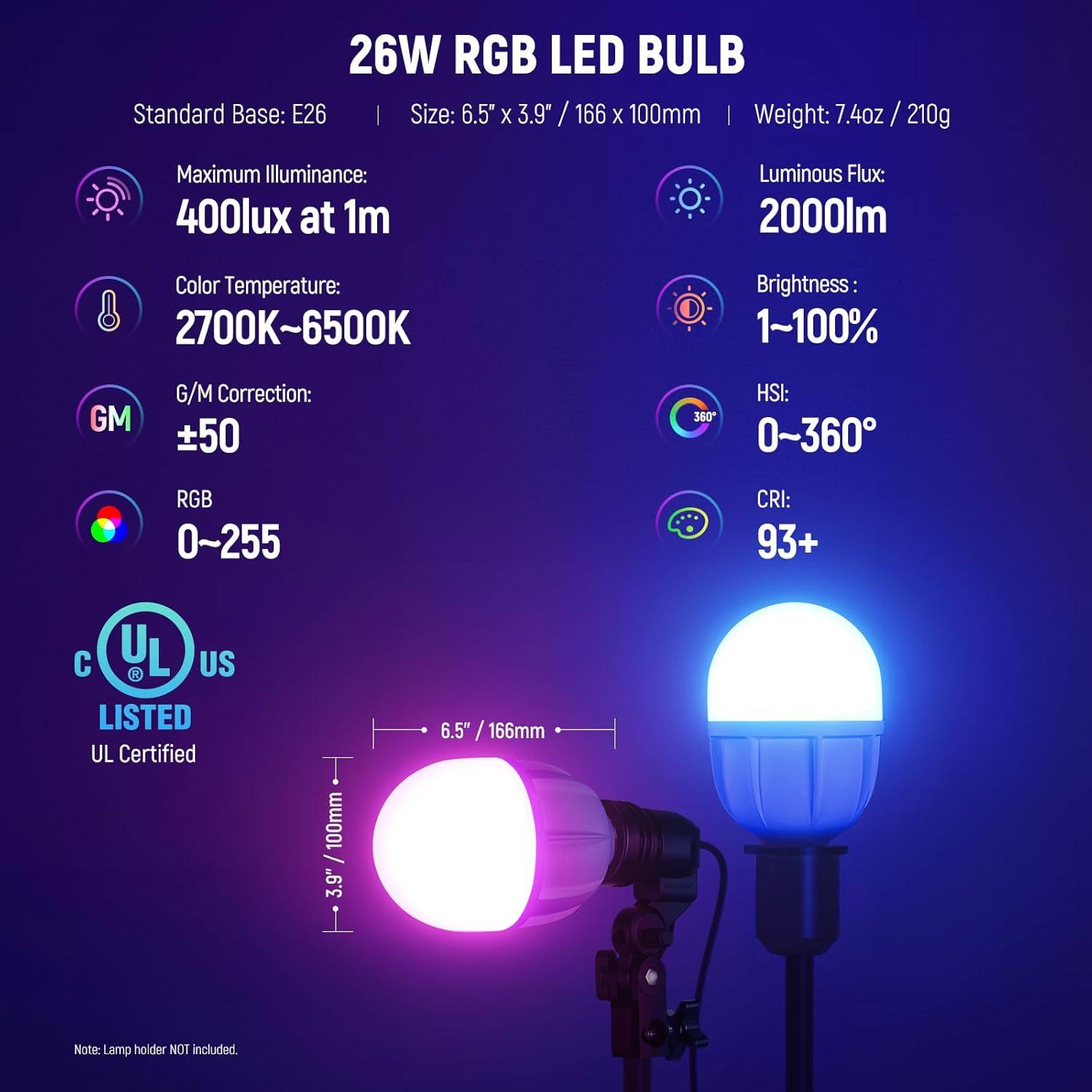 Bombilla LED RGB NEEWER 26W Control App 2700K-6500K E26