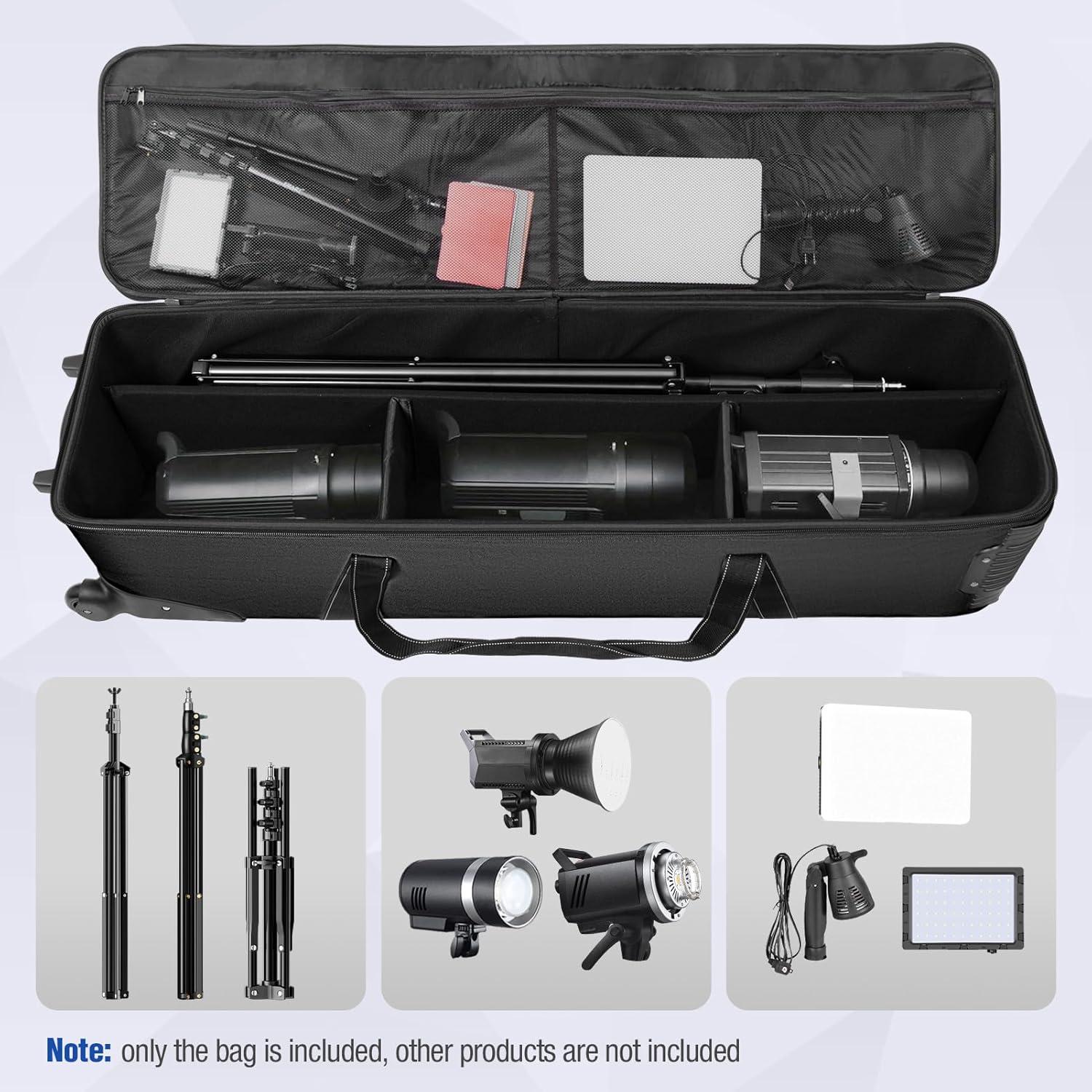 EMART Photo Studio Equipment Trolley Case 50.4x14.4x11 inch/128x36.5x27.7cm, Black Heavy Duty Carrying Rolling Camera Bag with Wheels for Light Stand, Tripod, Softbox, Flash