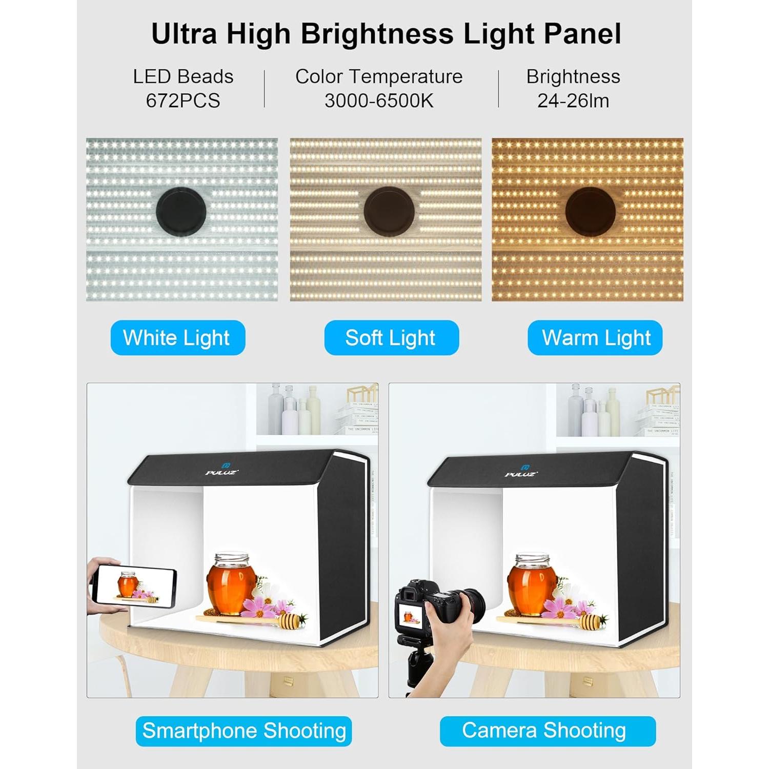 Caja de Luz PULUZ 60x40 cm con 672 LED y 4 Fondos PVC