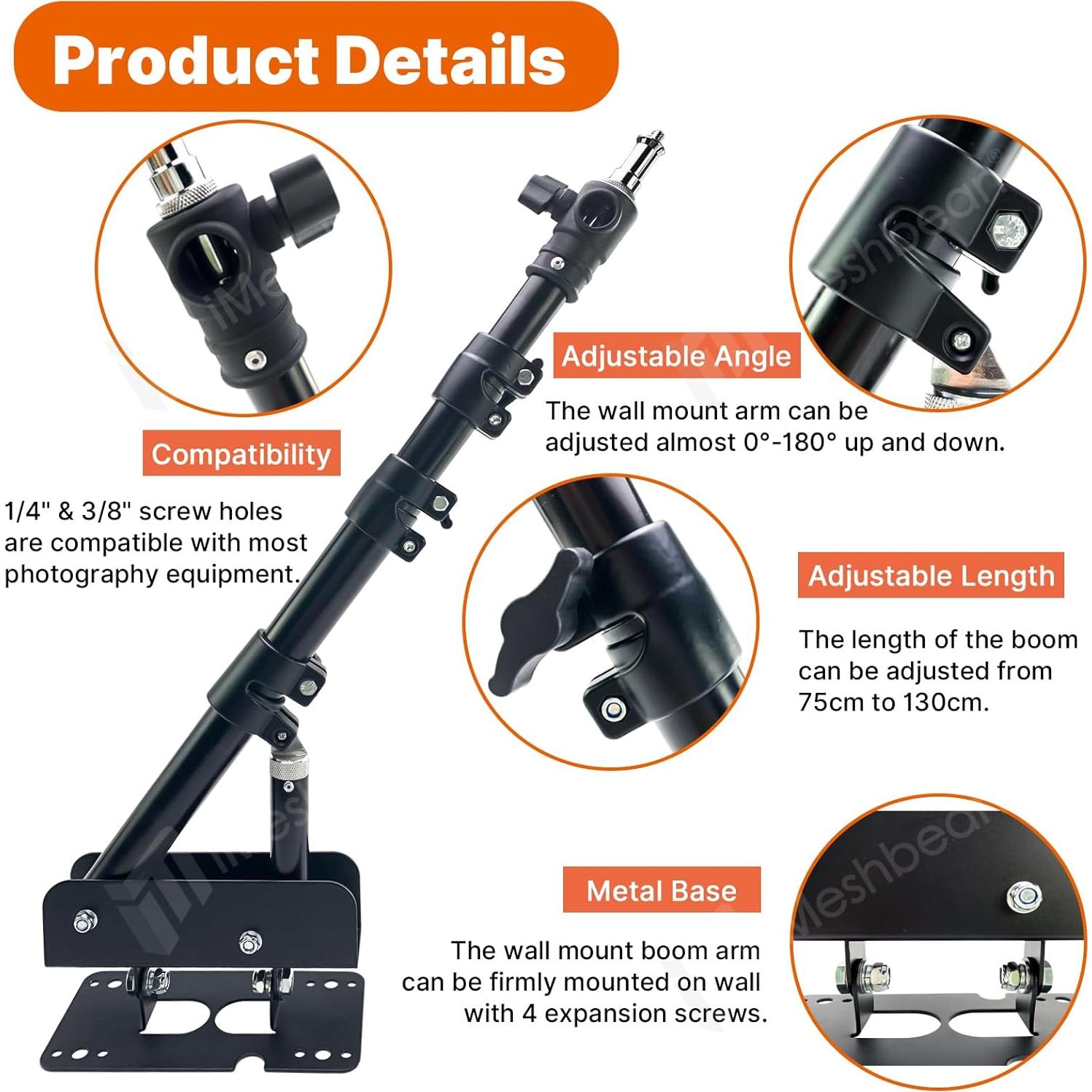 Wall Mount Triangle Boom Arm 43inch/110cm,Ring Light Mount 180°Flexible Rotation Triangle Wall Mount Bracket for Studio Strobe,Photography Light, Monolight, Ring Light, Softbox, Umbrella