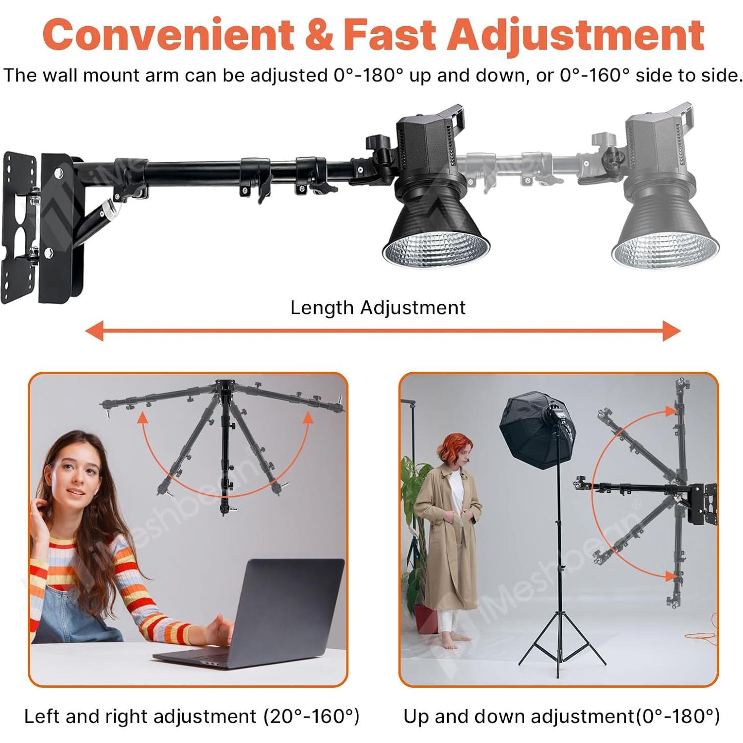 Wall Mount Triangle Boom Arm 43inch/110cm,Ring Light Mount 180°Flexible Rotation Triangle Wall Mount Bracket for Studio Strobe,Photography Light, Monolight, Ring Light, Softbox, Umbrella