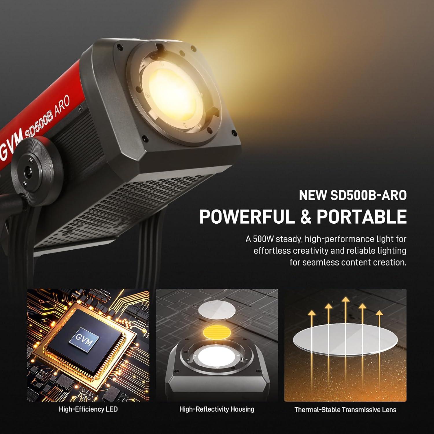GVM 500W LED Video Light with APP Bluetooth Control, 2700K-6800K CCT, 227040lux@1m, Studio Photography Lighting with Bowen Mount, Continuous Output Lighting with Standard Cover, CRI 97+,COB Lamp Beads