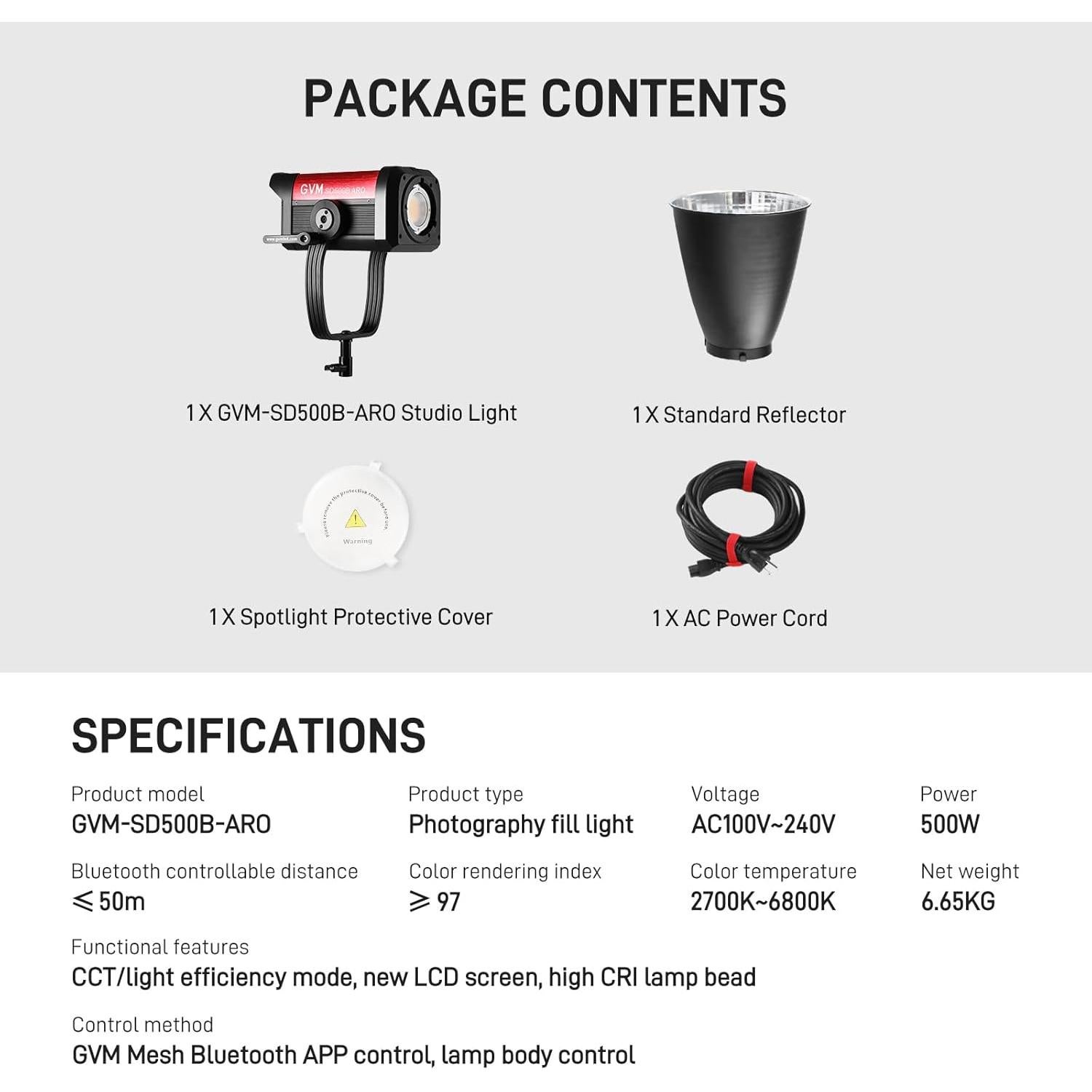 GVM 500W LED Video Light with APP Bluetooth Control, 2700K-6800K CCT, 227040lux@1m, Studio Photography Lighting with Bowen Mount, Continuous Output Lighting with Standard Cover, CRI 97+,COB Lamp Beads