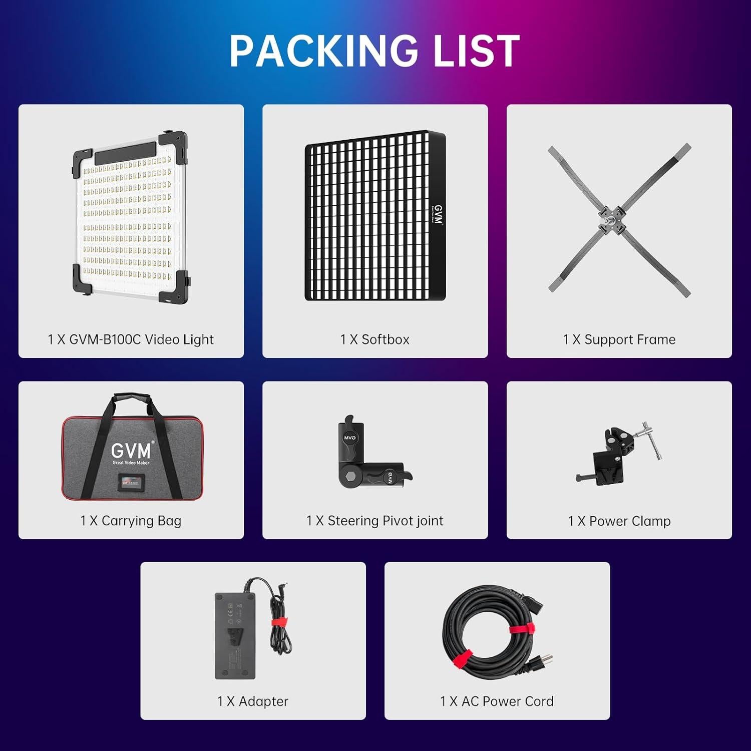 Luz de Video LED GVM B100C 100W RGB Flexible 2000K-10000K