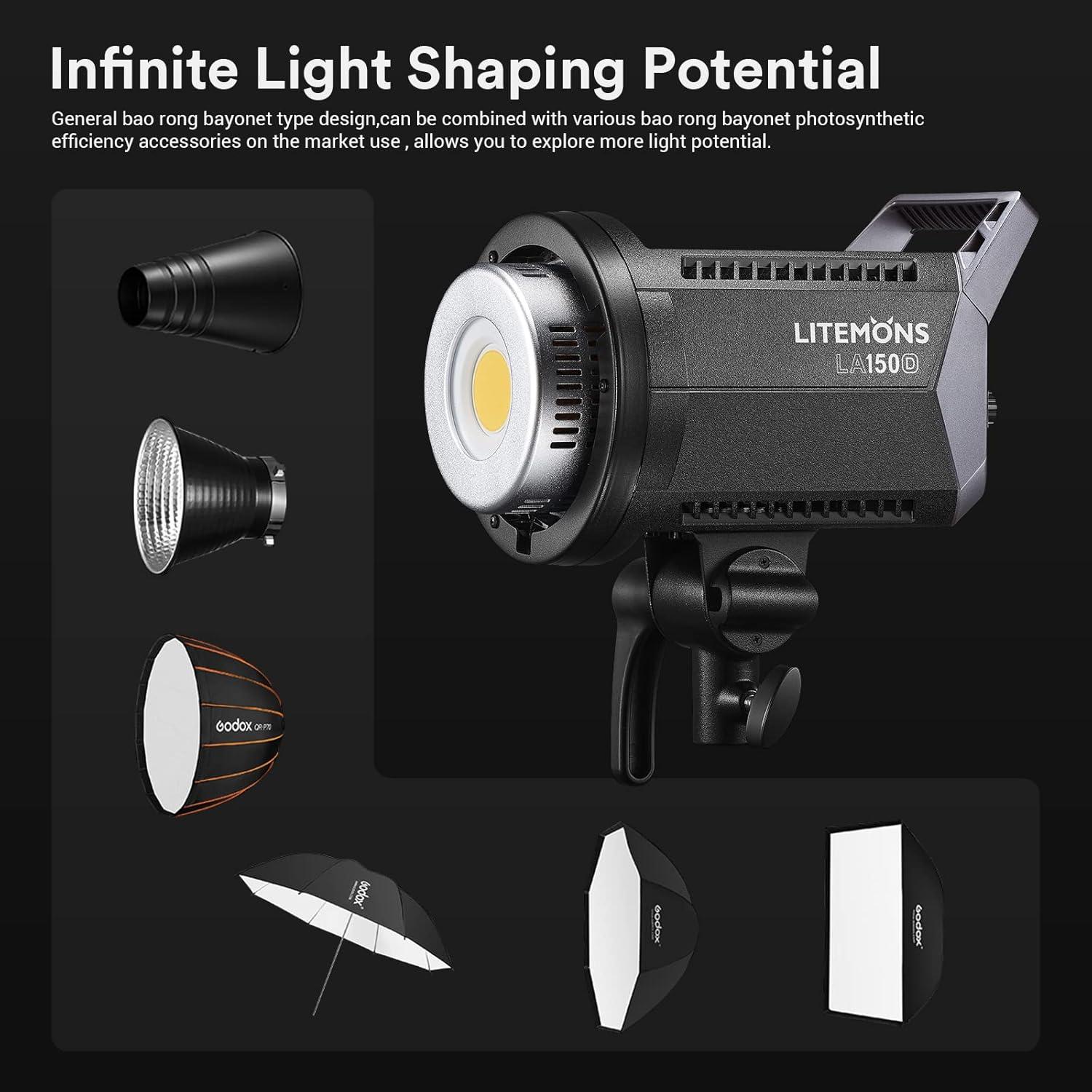 Godox LA150D LED Video Light, 190W 84800LUX@1M Daylight Studio, 5600K Bowens Mount LED Continuous Light, CRI 96+ 8 FX Effect 0-100% Dimming APP Control Photography Light