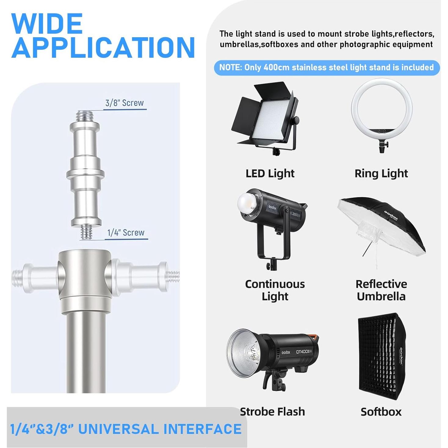 AMBITFUL 13ft/4m Photography Light Stand,Stainless Steel Spring Cushioned Heavy Duty Tripod Stand with 1/4" to 3/8" Universal Adapter Flash Stand for Parabolic Softbox, Strobe, Monolight